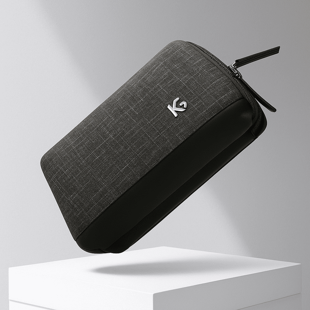 Trousse de toilette pour homme moderne et élégante en tissu imperméable, idéale pour une collection haut de gamme d’accessoires de voyage masculins.