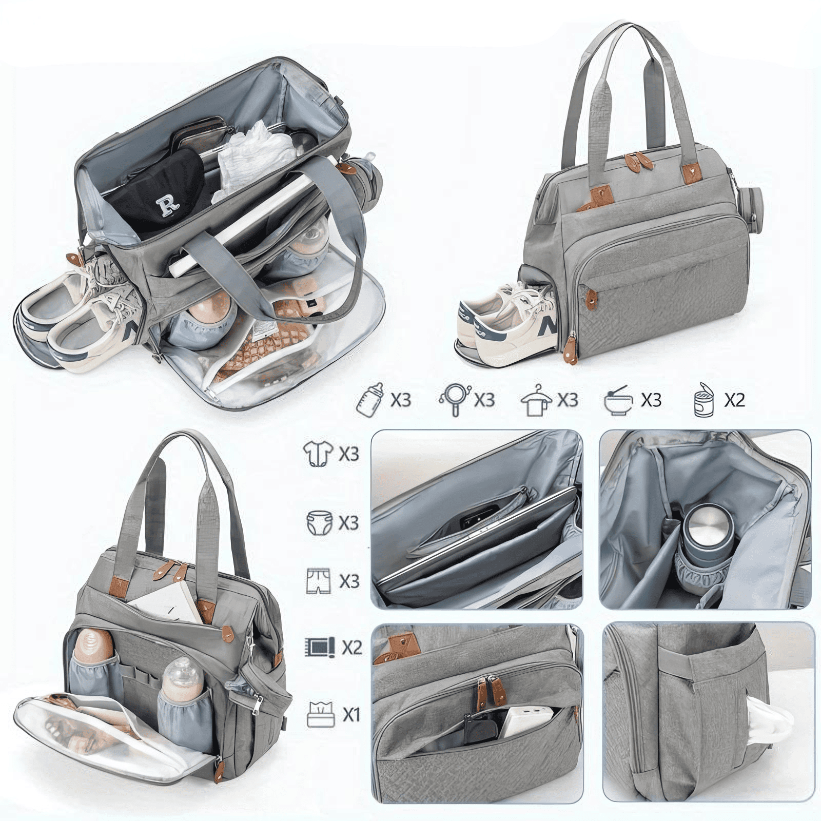 Grande trousse de toilette bébé grise ouverte avec compartiments intérieurs, poches isothermes et rangement pour chaussures.