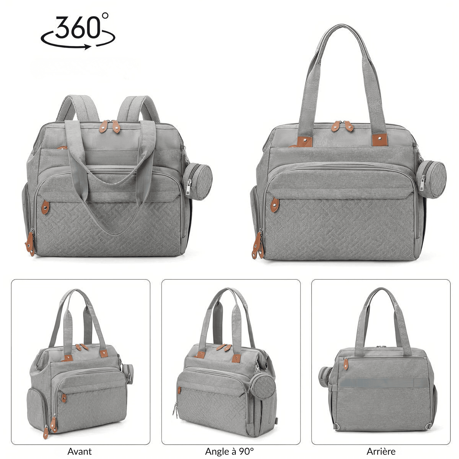 Grande trousse de toilette bébé grise présentée à 360 degrés, avec vues avant, latérales et arrière pour une vision complète du sac.