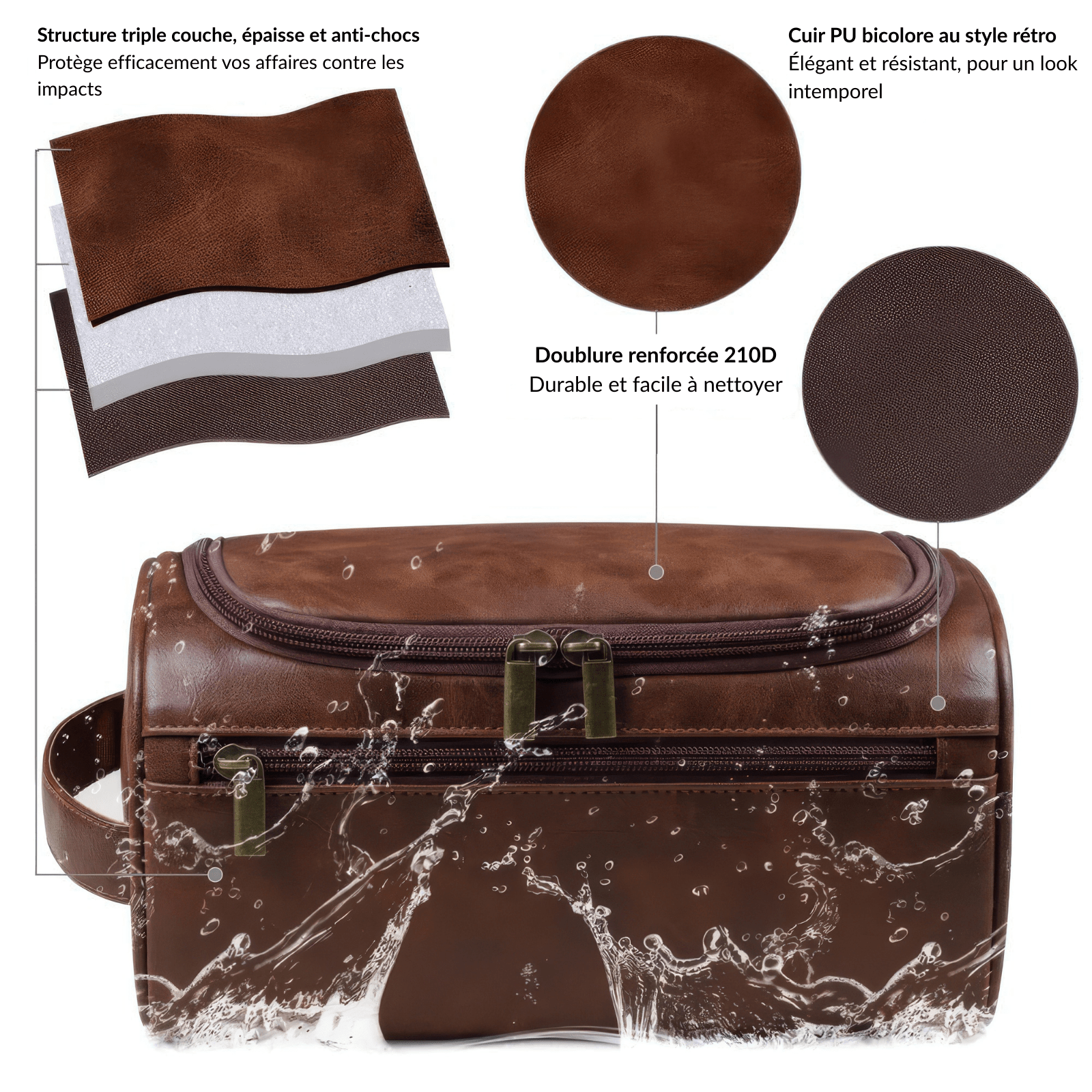 Grande trousse de toilette homme en simili cuir marron étanche et résistante