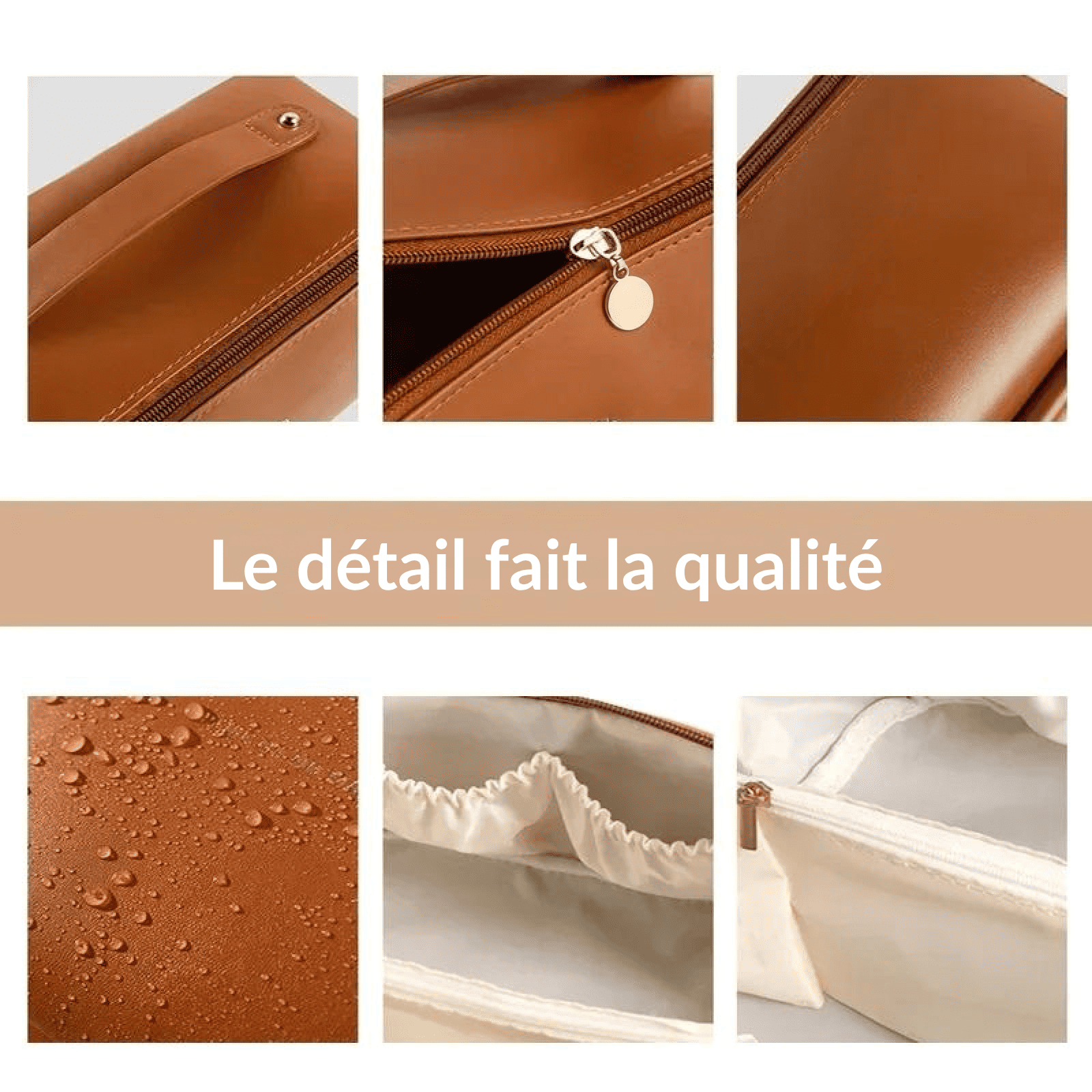 Détails grande trousse de toilette femme marron, fermeture éclair robuste, matière imperméable et compartiments intérieurs pratiques
