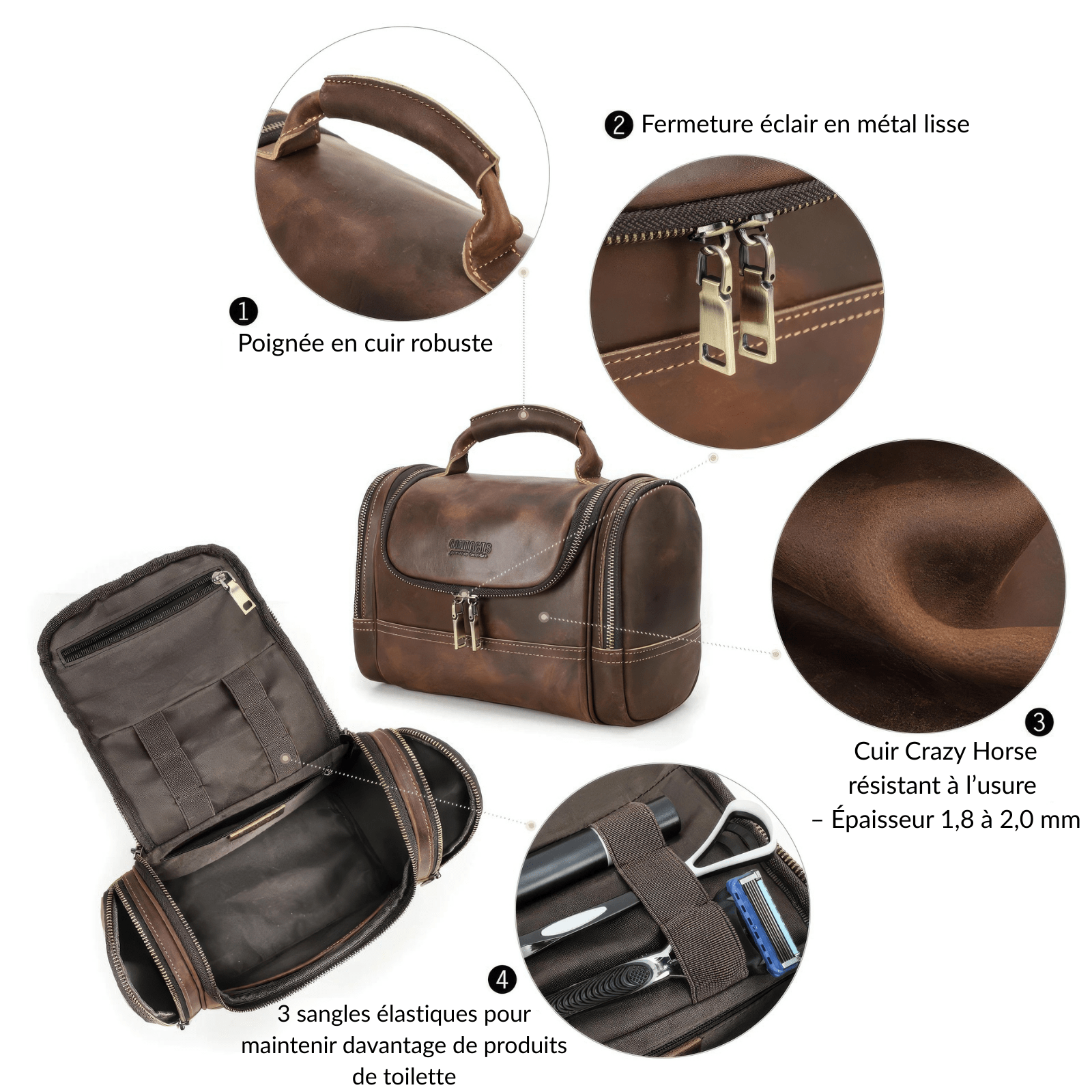 Grande trousse de toilette homme cuir marron avec poignée robuste et finitions de qualité.