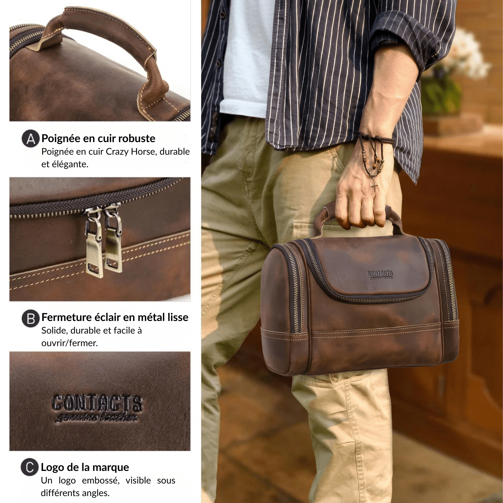 Grande trousse de toilette homme cuir marron luxe avec logo embossé et fermeture métallique