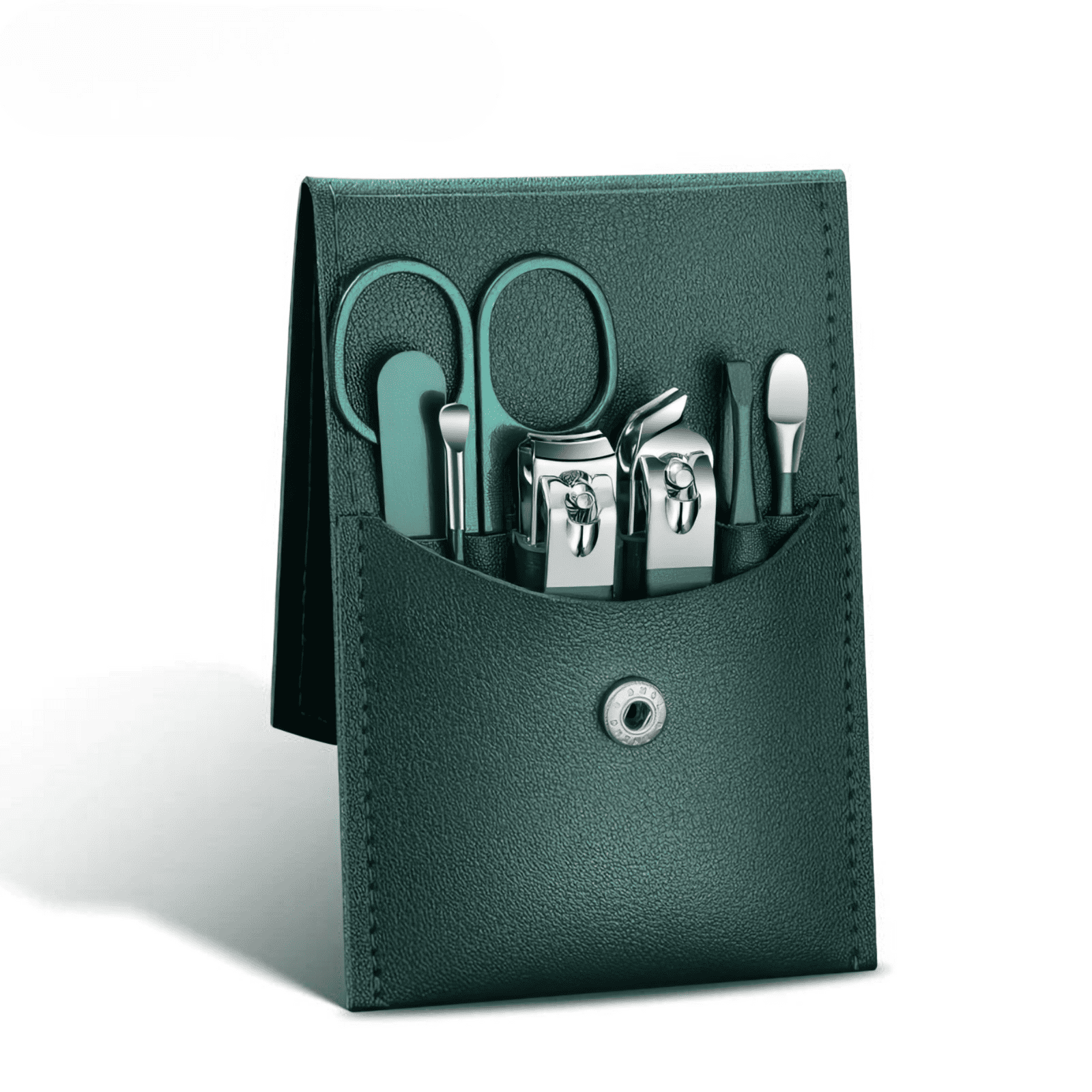 Kit de manucure compact avec étui et accessoires de soin des ongles.