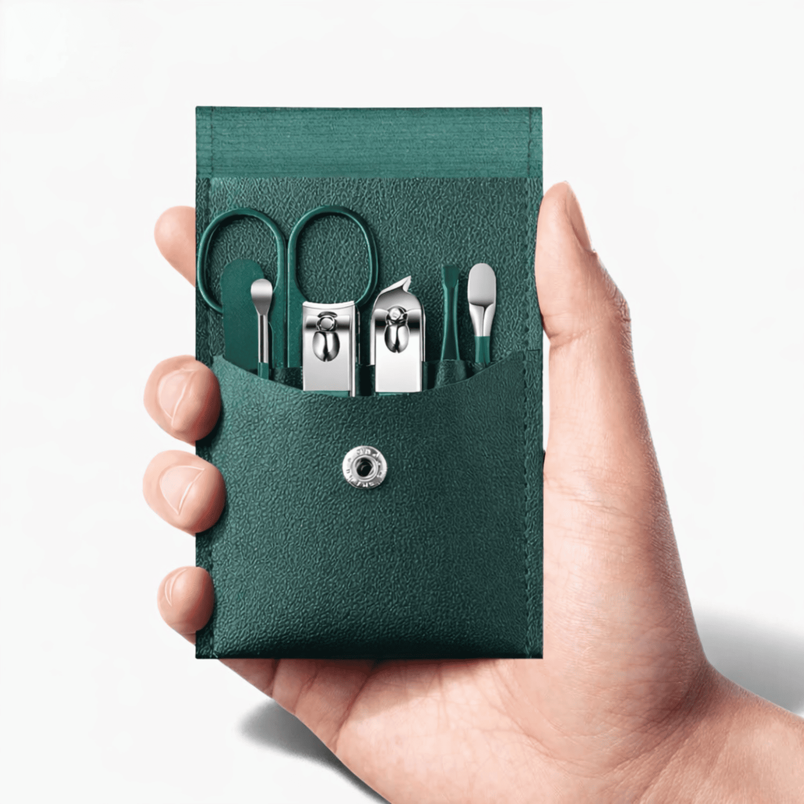 Kit de manucure format poche tenu en main, pratique pour le voyage.