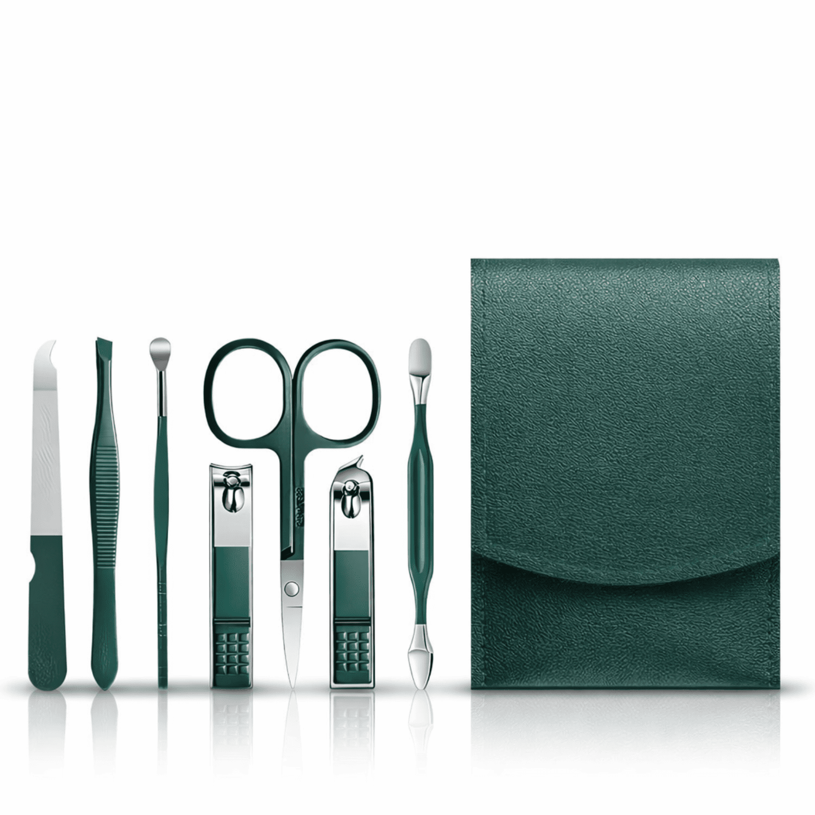 Kit de manucure vert foncé avec étui élégant et outils intégrés.