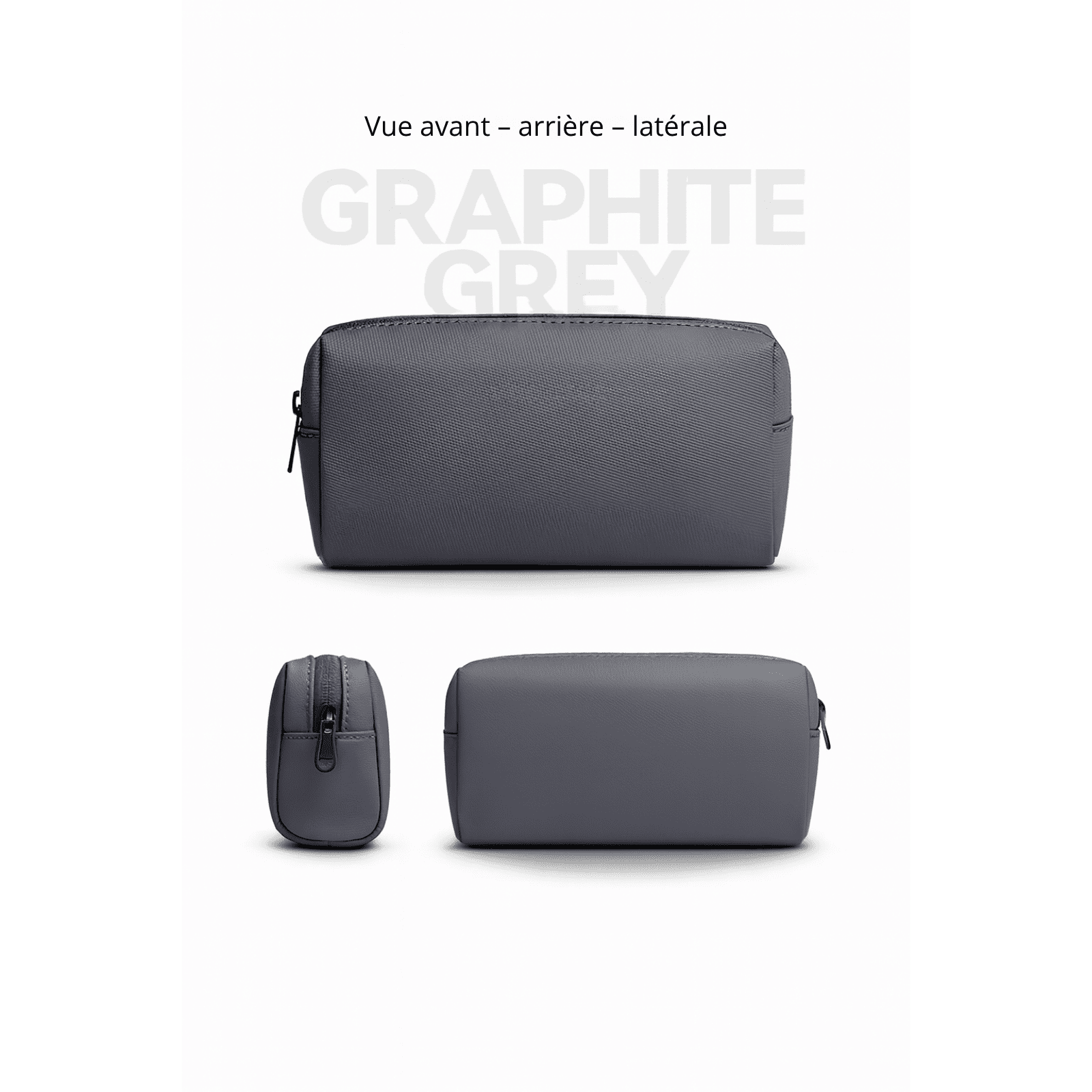 Mini trousse de toilette homme gris graphite présentée sous différents angles, idéale pour les accessoires de soin et de voyage.