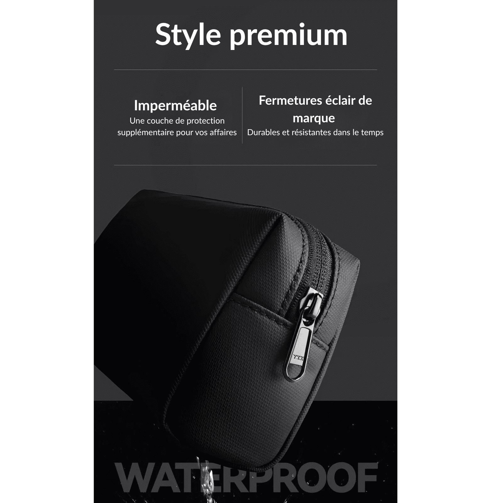 Mini trousse de toilette homme noire imperméable avec fermetures éclair de qualité, style premium et finition durable.