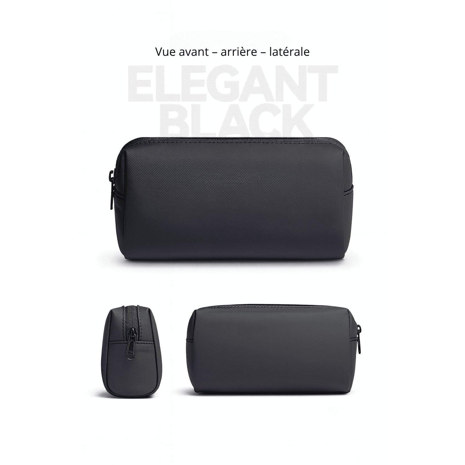 Mini trousse de toilette homme noire vue de face, arrière et latérale, design minimaliste et moderne.