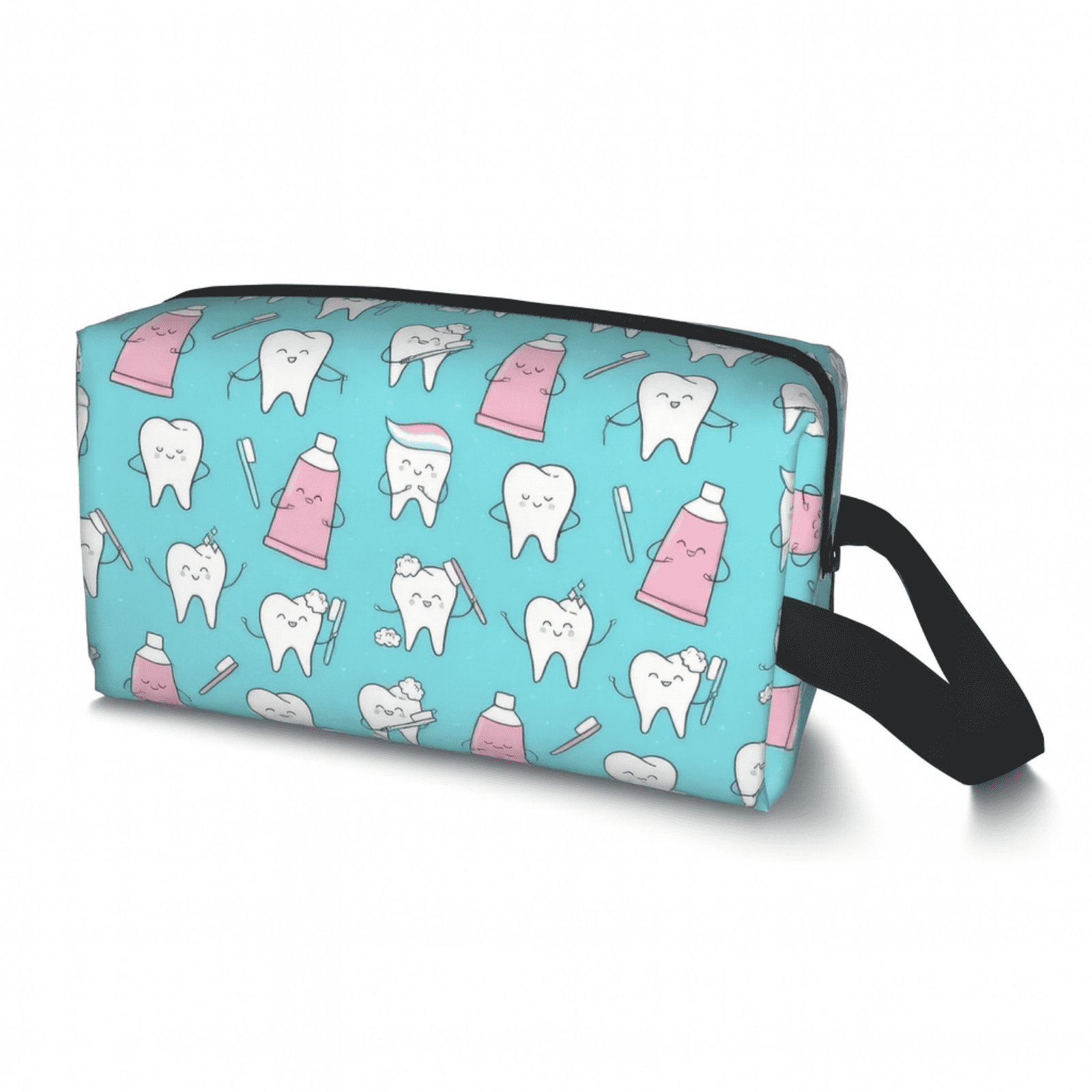 Mini trousse de toilette voyage bleue avec motif dents et tubes de dentifrice