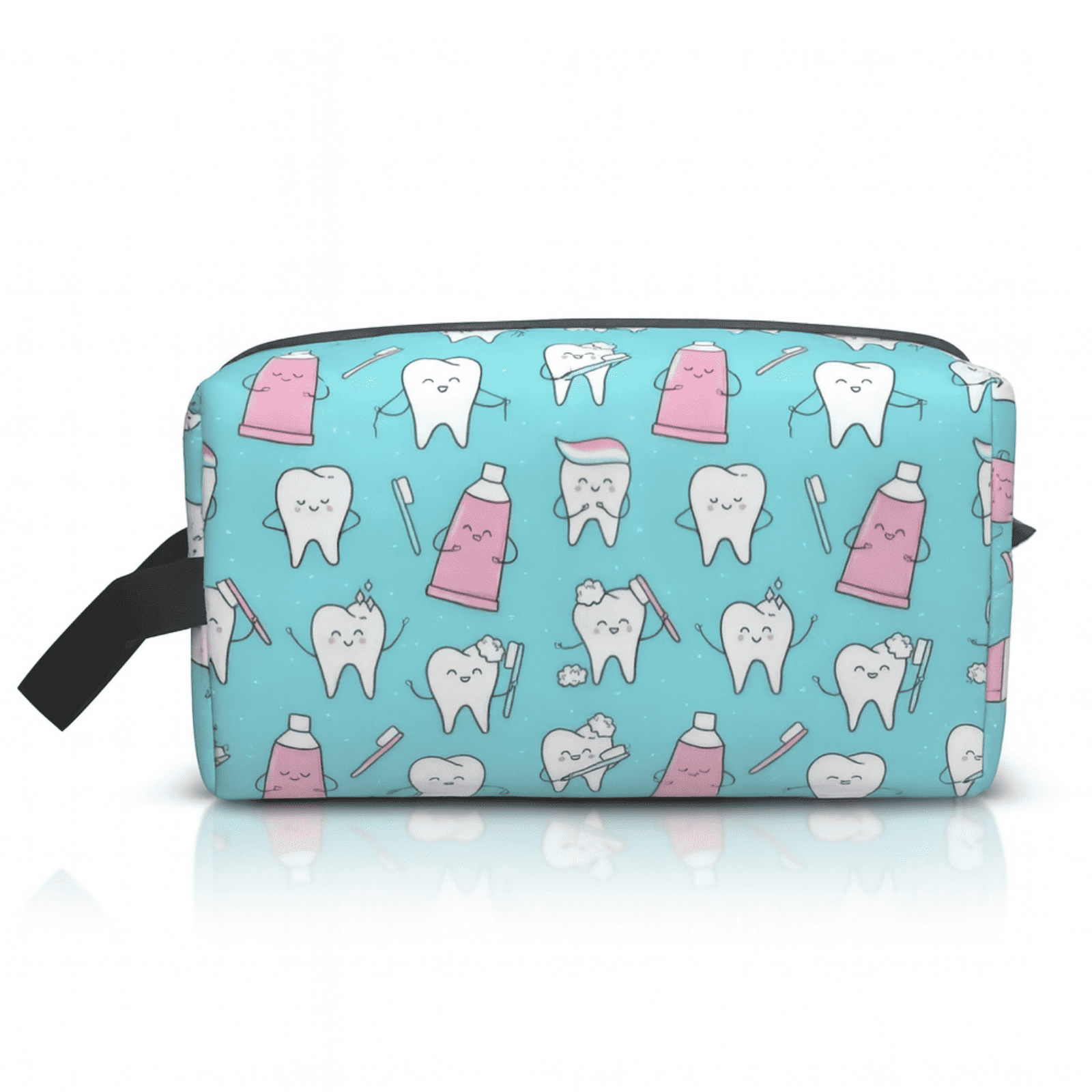 Mini trousse de toilette voyage compacte motif bleu avec dessins de dents et brosses