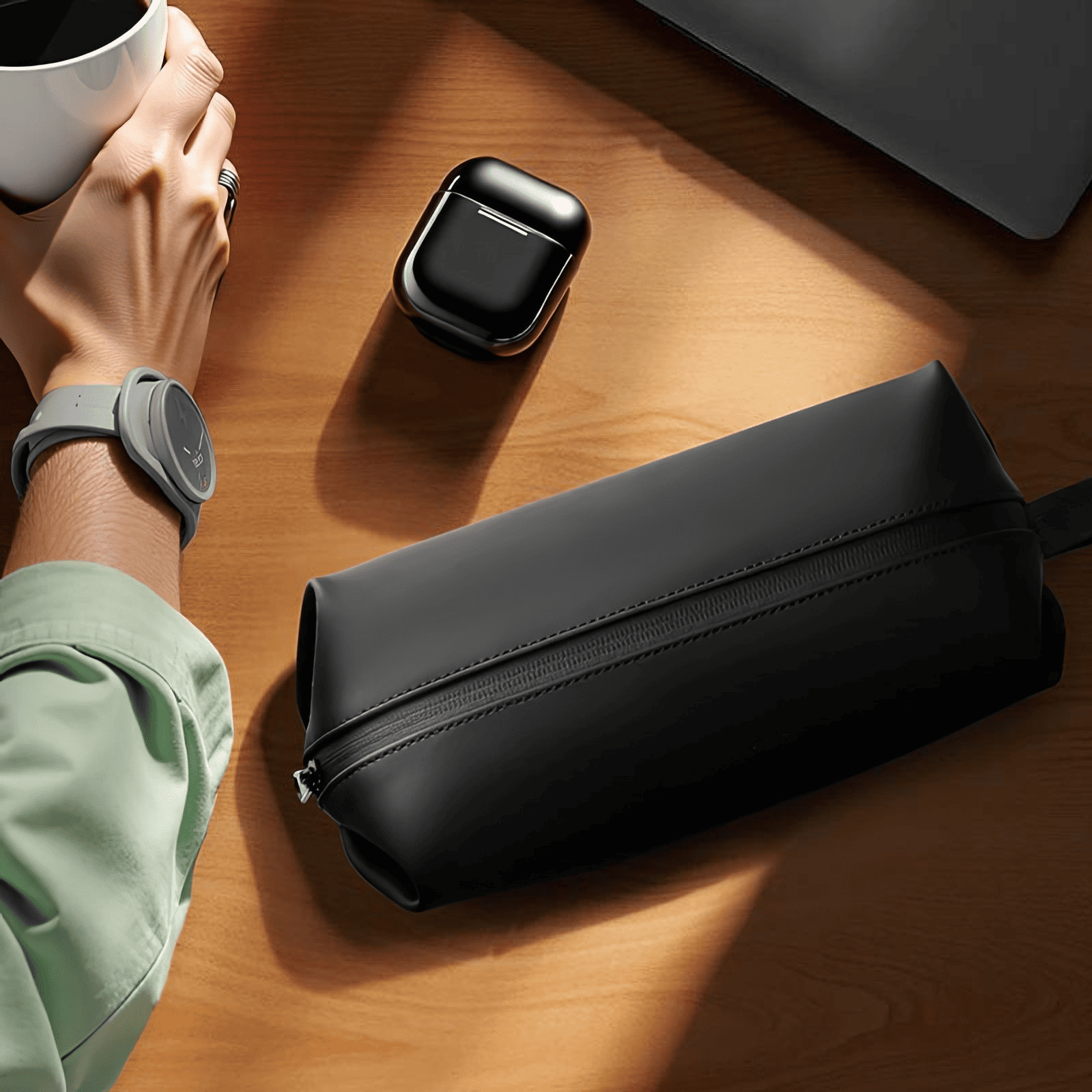 Petite trousse de toilette homme noire posée sur un bureau en bois, design élégant et minimaliste pour le quotidien.