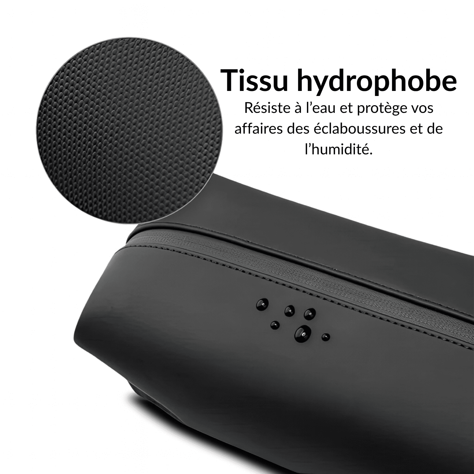 Gros plan sur la petite trousse de toilette homme noire, tissu hydrophobe résistant à l’eau et aux éclaboussures.