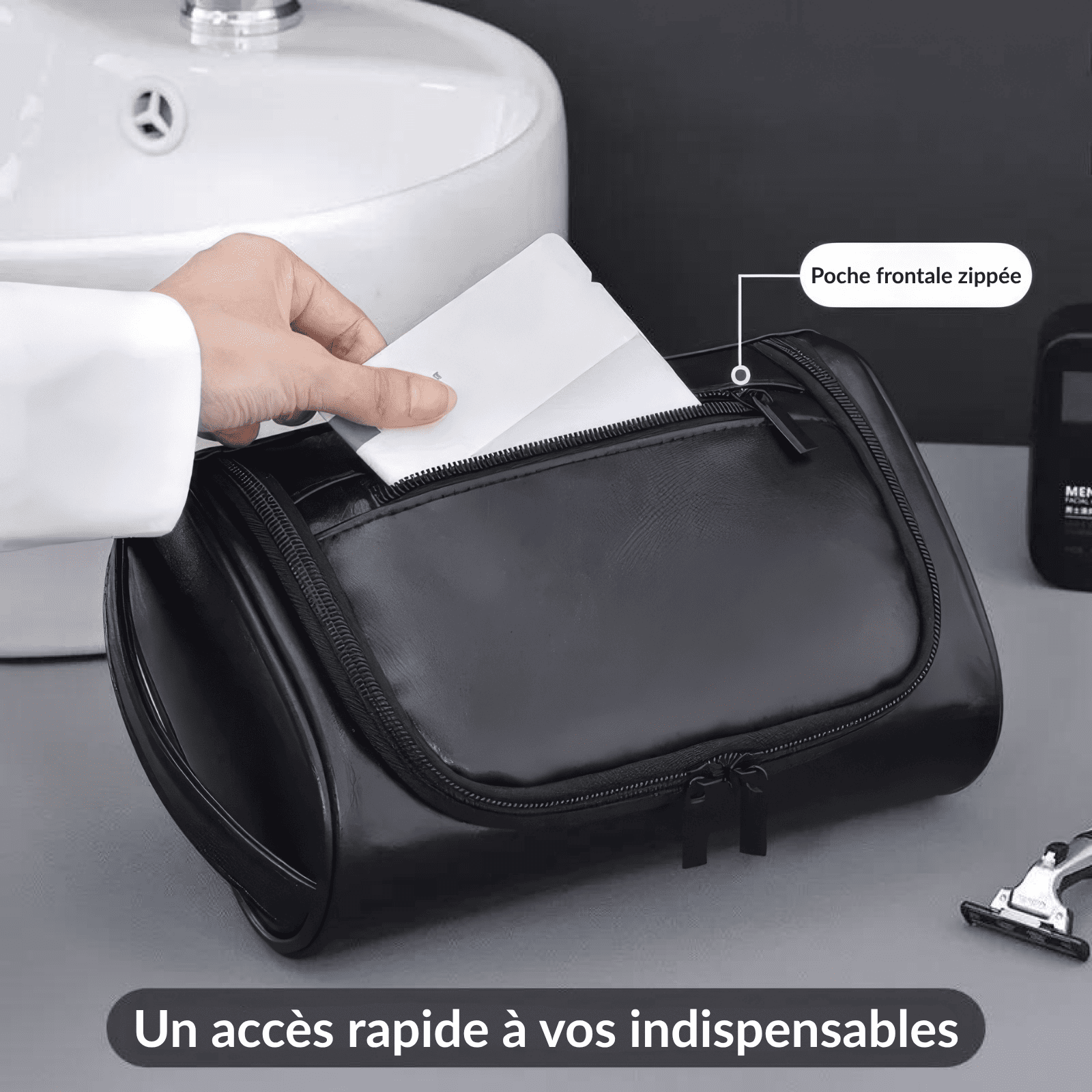 Petite trousse de toilette homme simili cuir noir avec poche frontale zippée