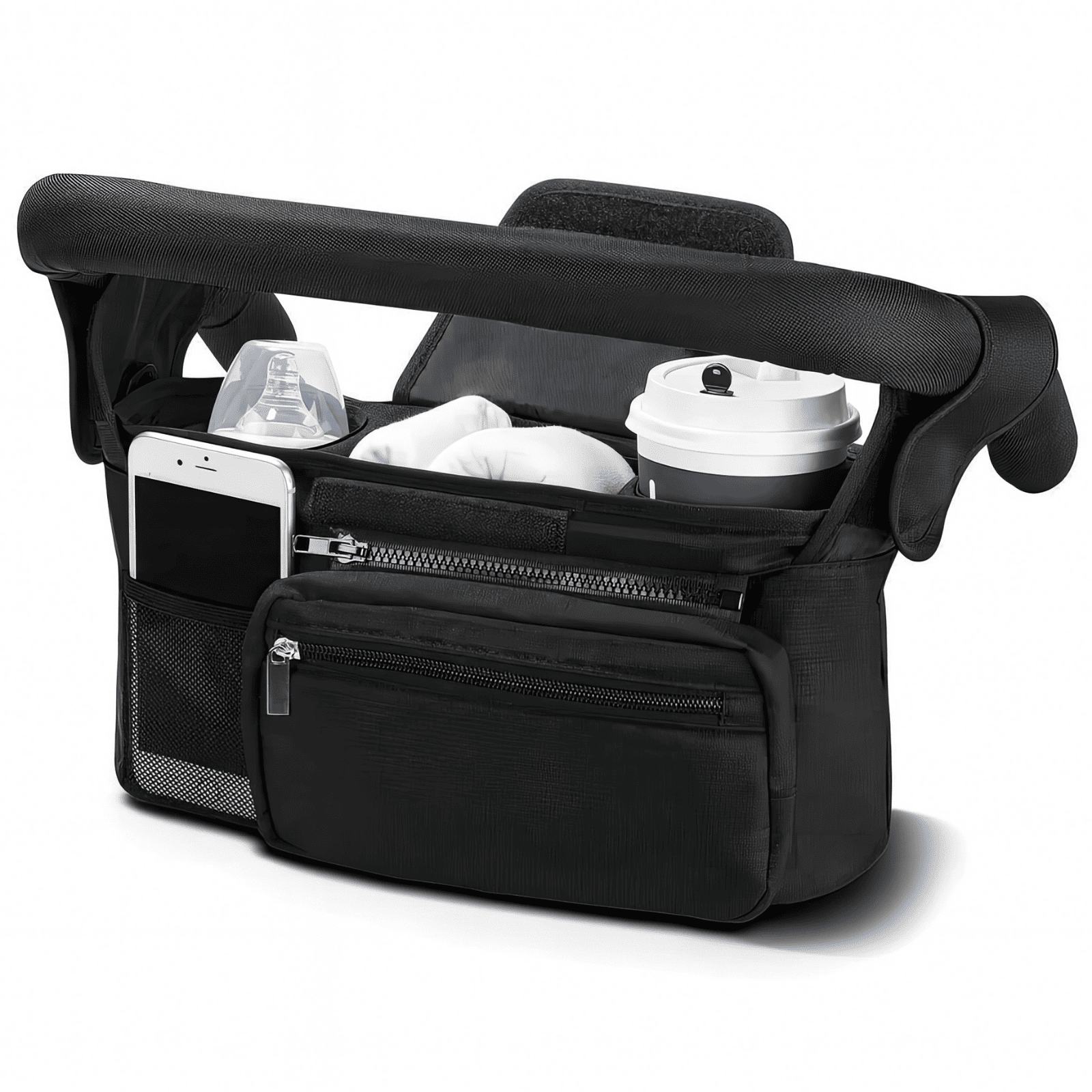 Trousse de toilette bébé noire avec accessoires, poches multiples et rangement pour biberon et tasse de voyage.