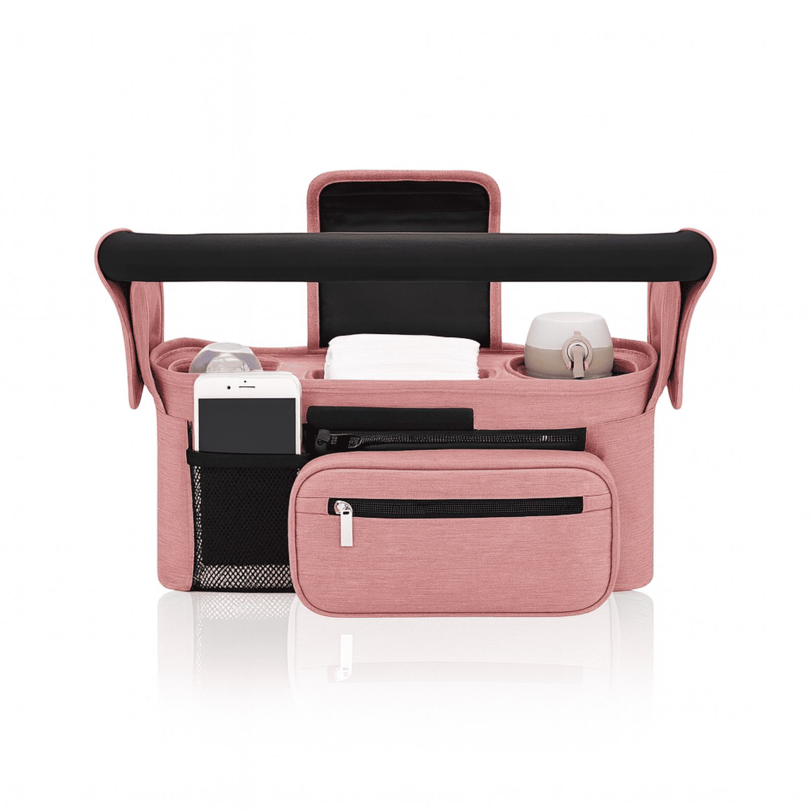 Trousse de toilette bébé rose avec accessoires, poches de rangement, porte-biberon et compartiment pour téléphone.