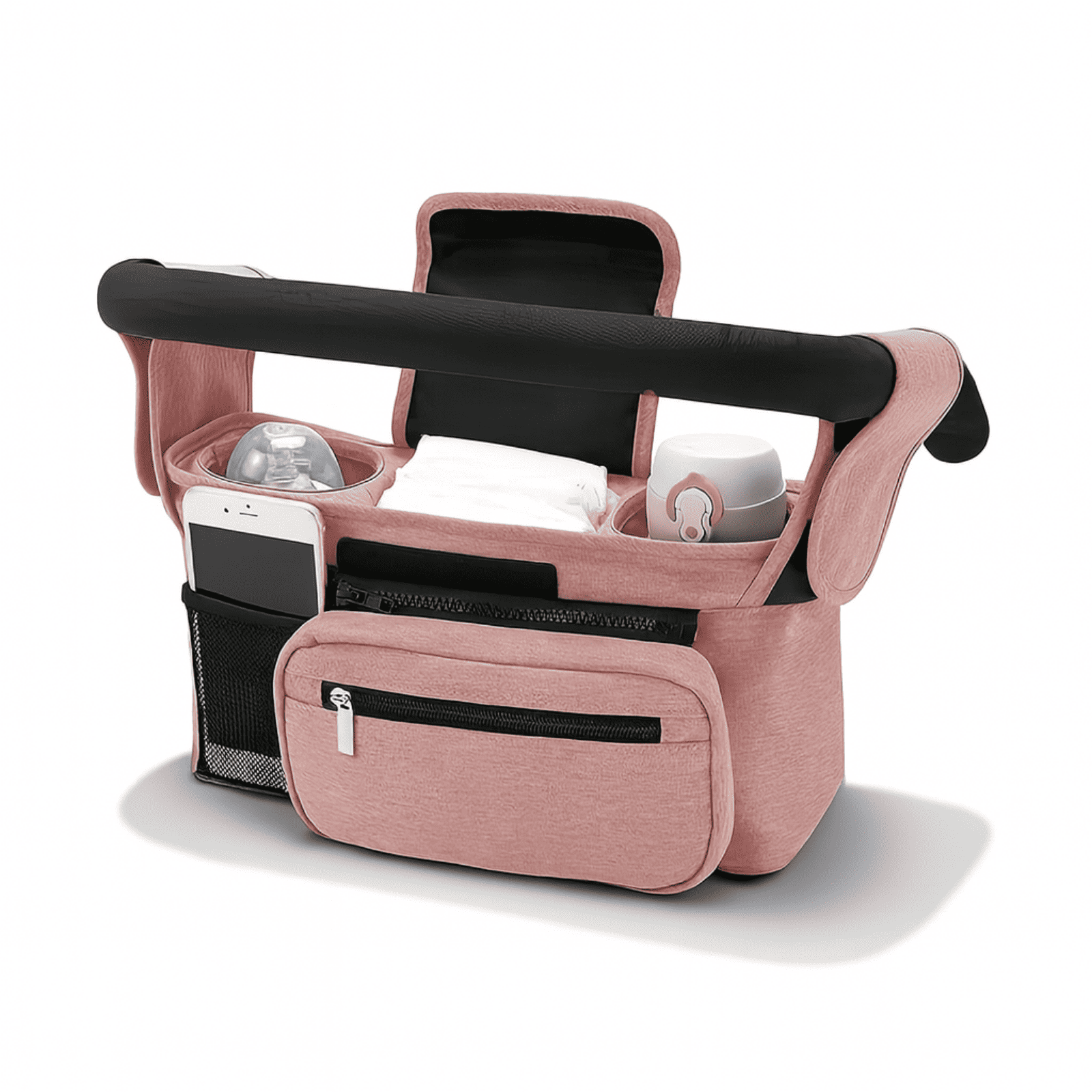 Trousse de toilette bébé rose avec accessoires, poches extérieures et compartiments pour biberon et lingettes.