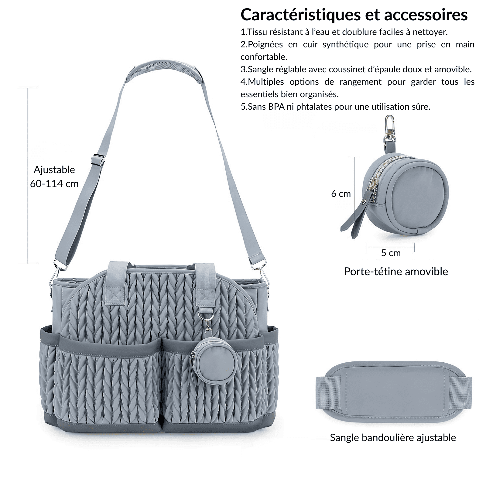 Trousse de toilette bébé confort grise avec sangle réglable, porte-tétine amovible et multiples poches de rangement.