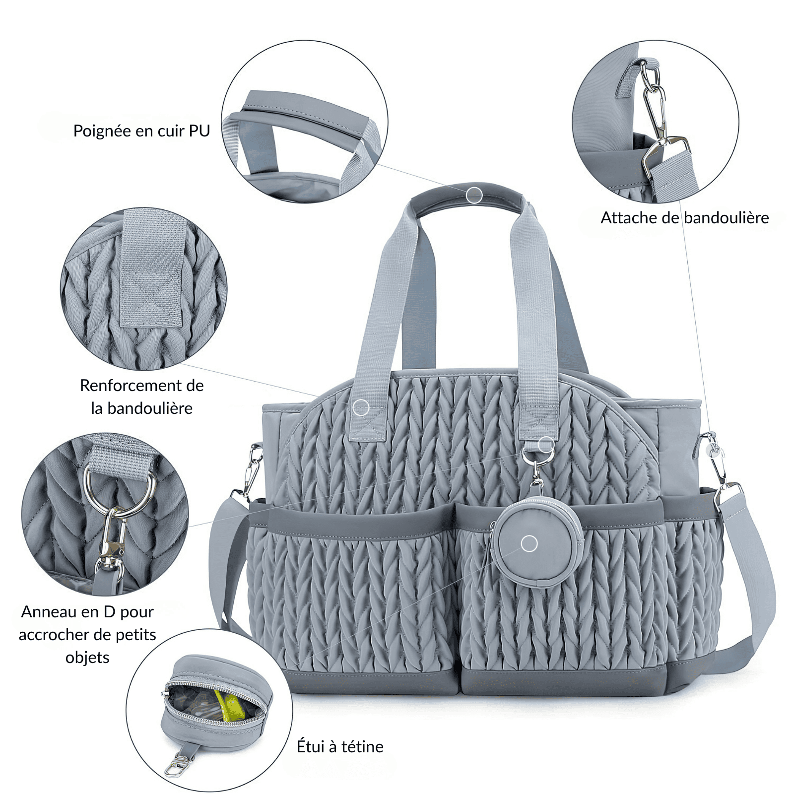Trousse de toilette bébé confort grise avec détails de poignées, attache de bandoulière et étui à tétine intégré.