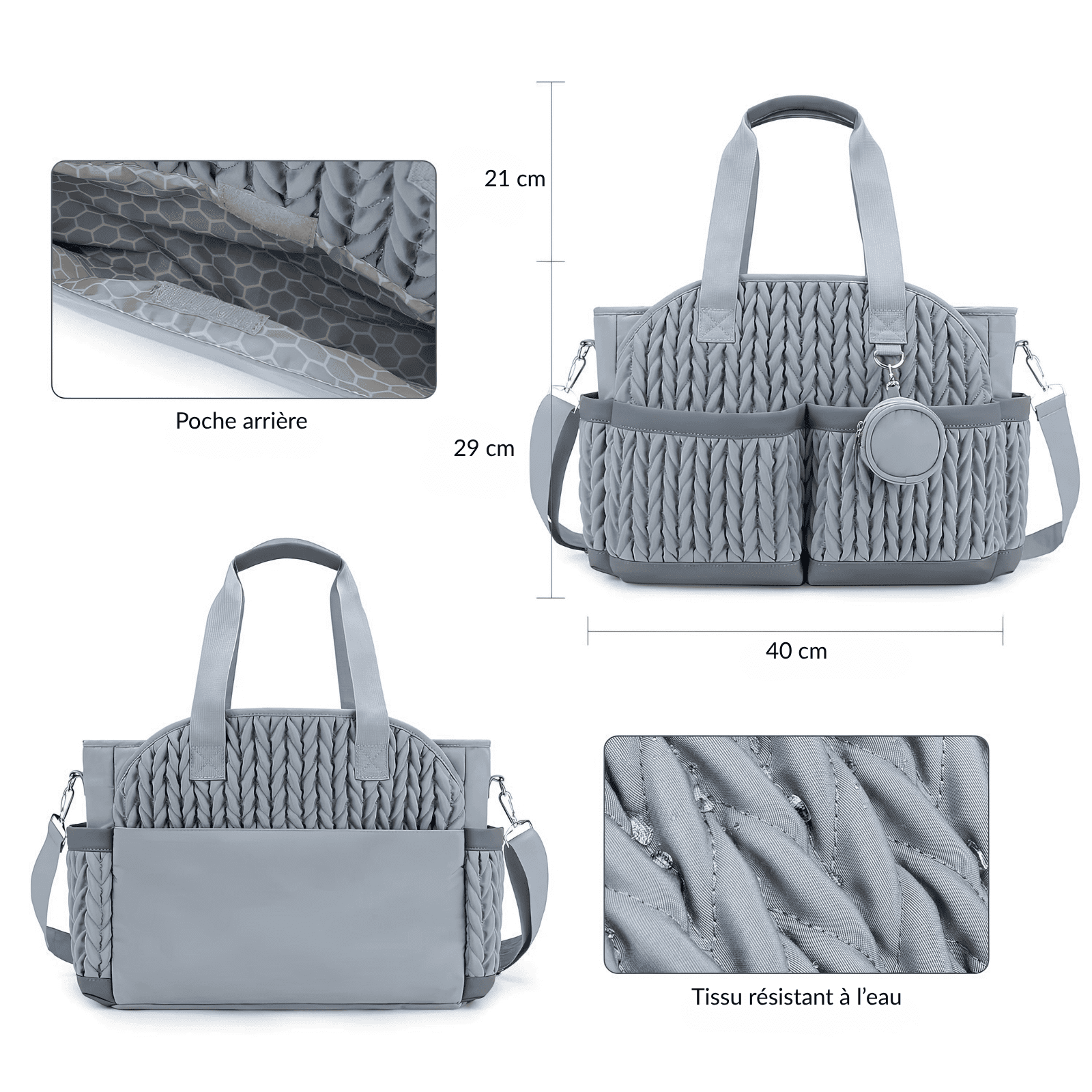 Trousse de toilette bébé confort grise avec mesures détaillées et tissu résistant à l’eau.