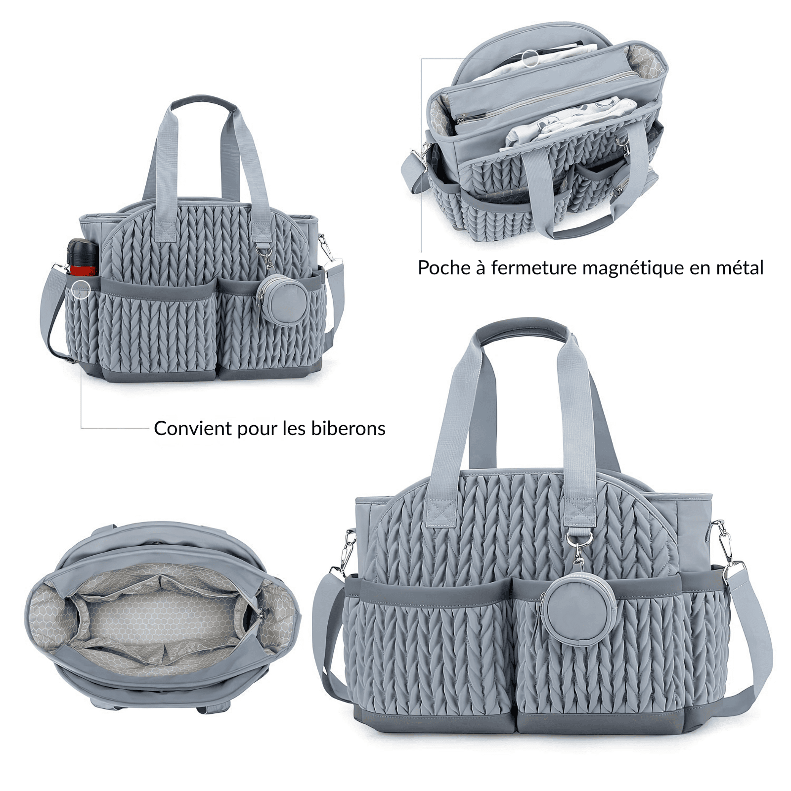 Trousse de toilette bébé confort grise présentée sous plusieurs angles, avec compartiments adaptés pour les biberons.