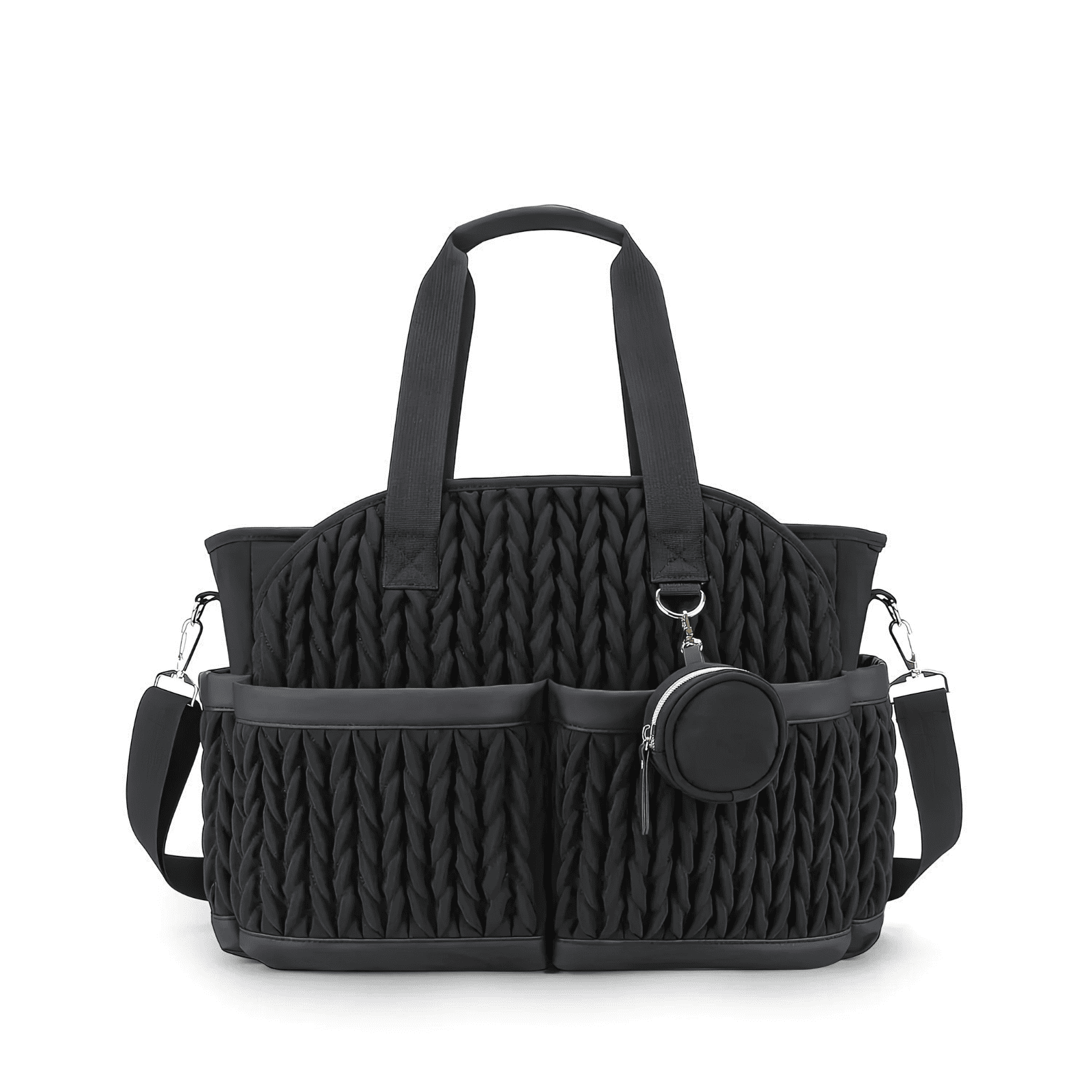 Trousse de toilette bébé confort noire avec texture tressée élégante et étui à tétine assorti.