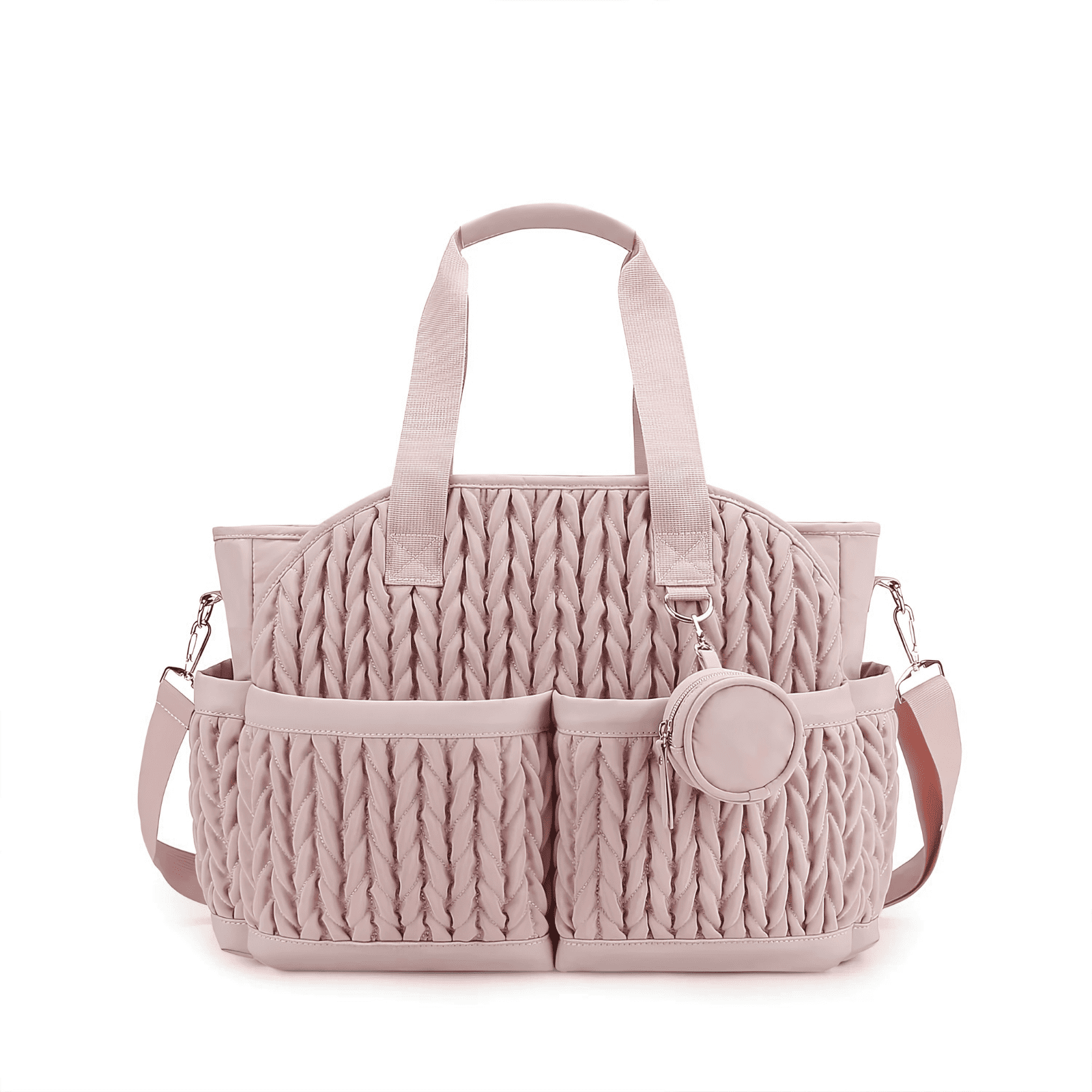 Trousse de toilette bébé confort rose poudré avec texture tressée et étui à tétine assorti.