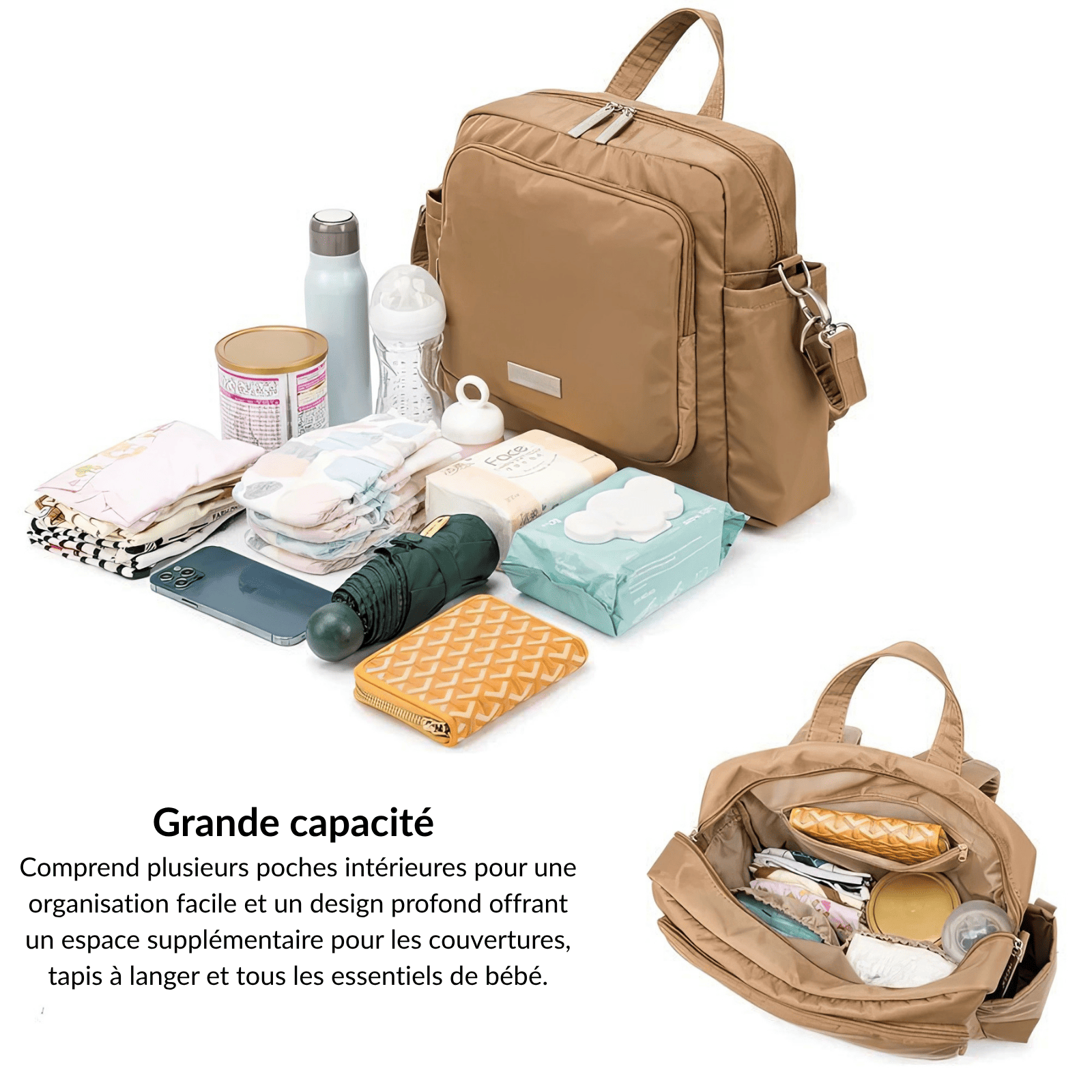 Trousse de toilette bébé maternité beige vue en angle, design élégant avec poches latérales pratiques.