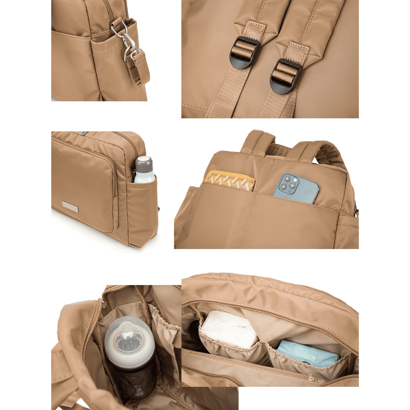 Trousse de toilette bébé maternité beige avec poches intérieures, porte-biberon et fermetures éclair robustes.