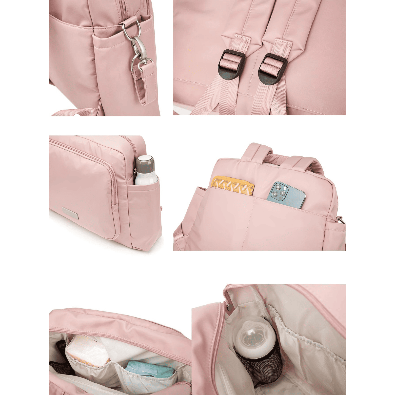 Trousse de toilette bébé maternité rose avec compartiments, poches latérales et bretelles réglables, idéale pour ranger les accessoires de bébé.
