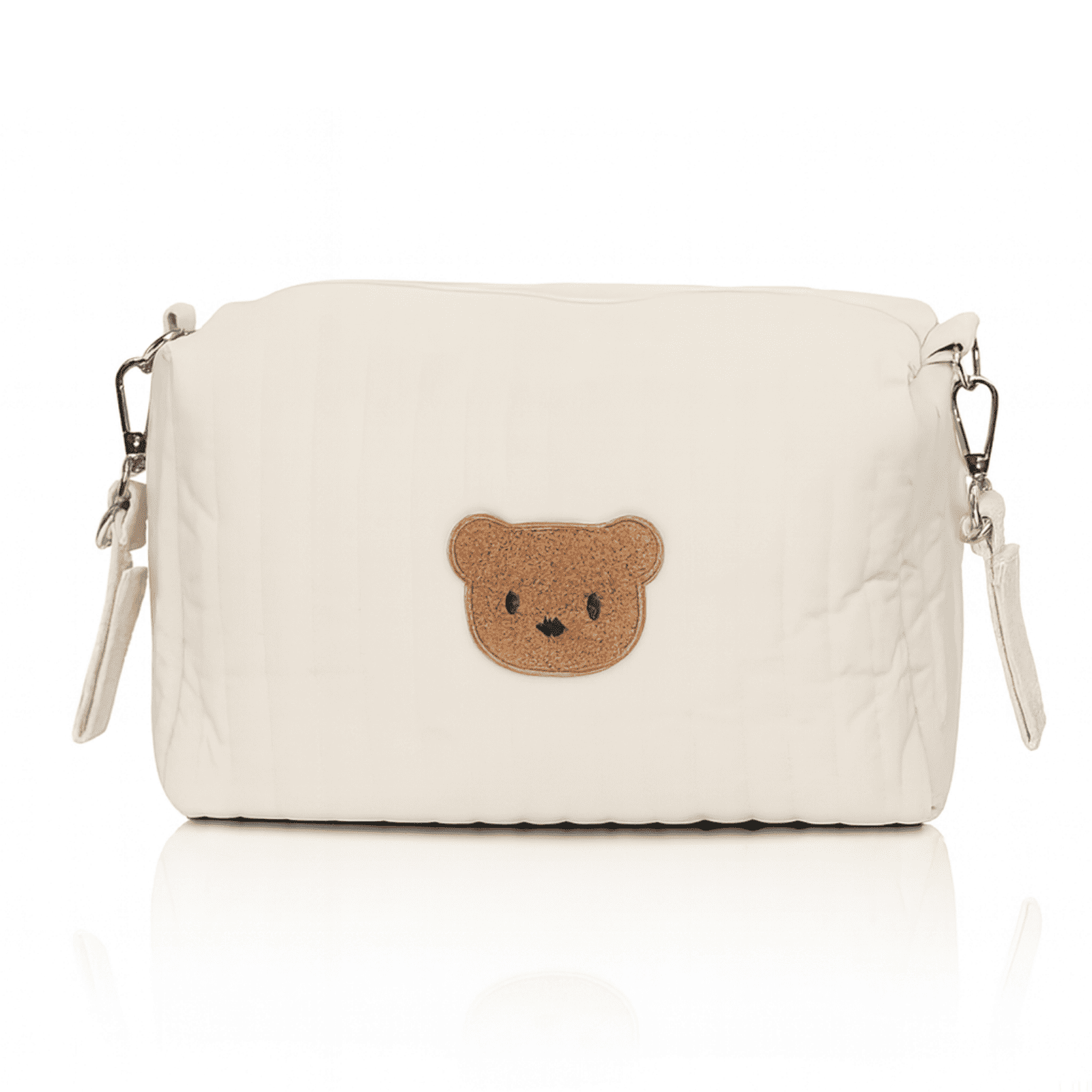 Trousse de toilette bébé blanche avec motif tête d’ours en liège sur le devant, design doux et mignon pour bébé.