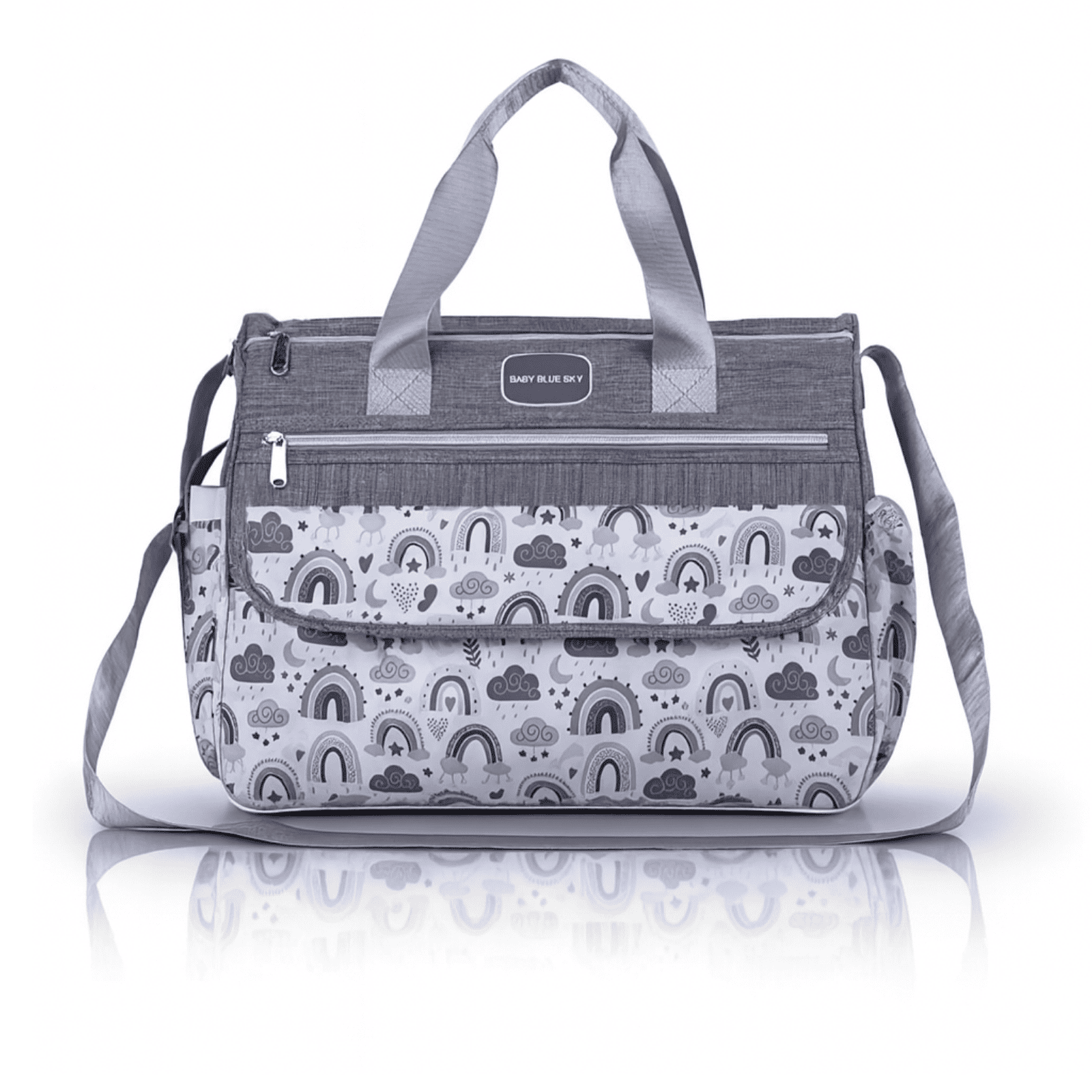 Trousse de toilette bébé vacances gris avec motif arc-en-ciel et grande poche avant