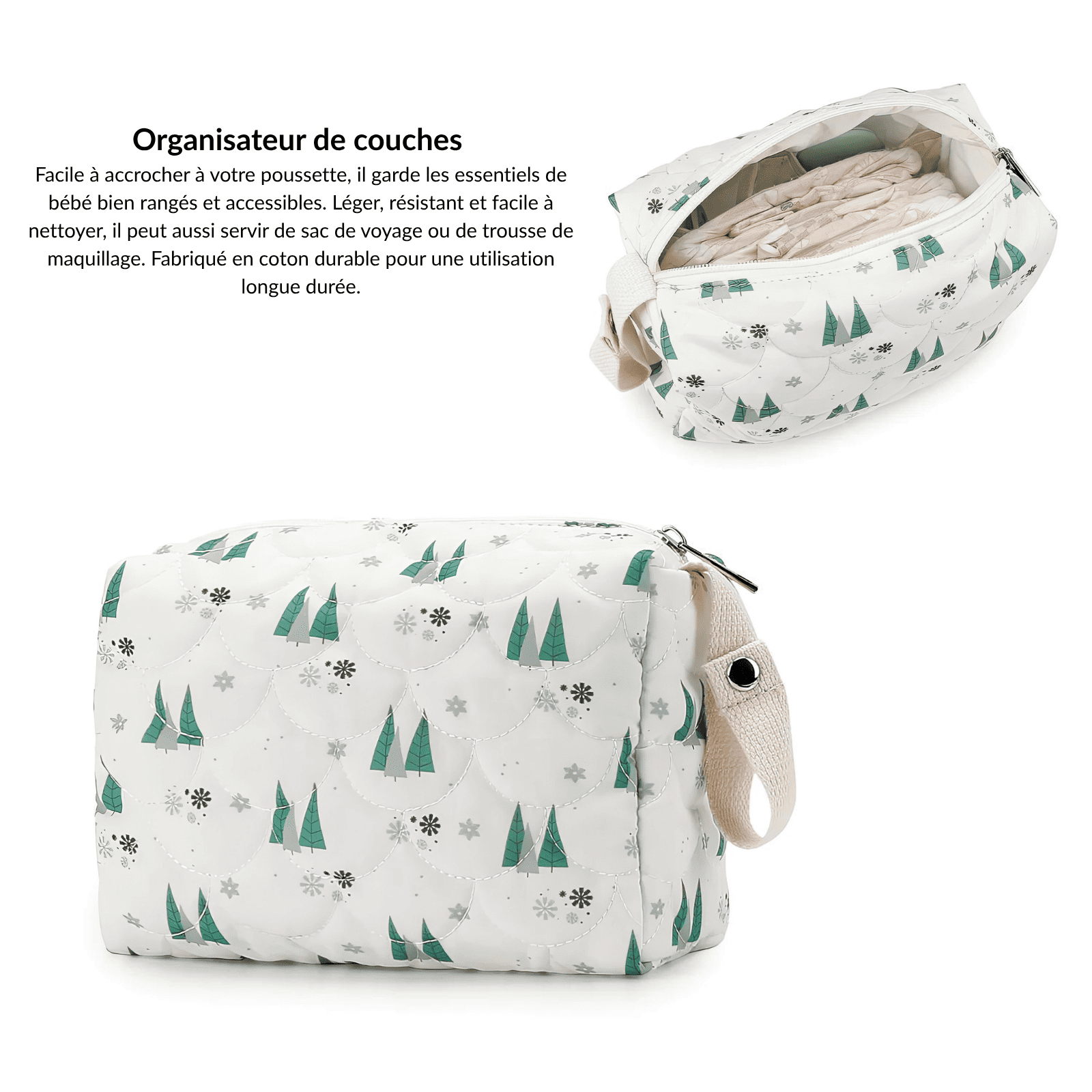 Trousse de toilette bébé vide blanc forêt avec ouverture large et tissu coton durable