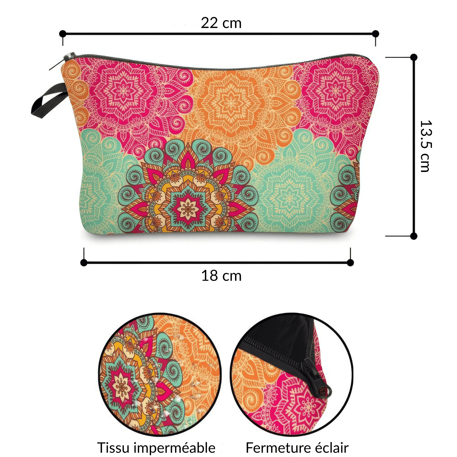 Trousse de toilette femme coloré en tissu imperméable avec fermeture éclair et dimensions 22x13 cm