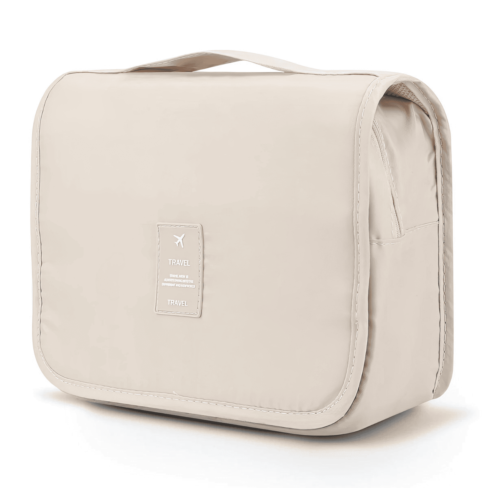 Trousse de toilette femme dépliante beige, élégante et compacte avec poignée supérieure, idéale pour les voyages.