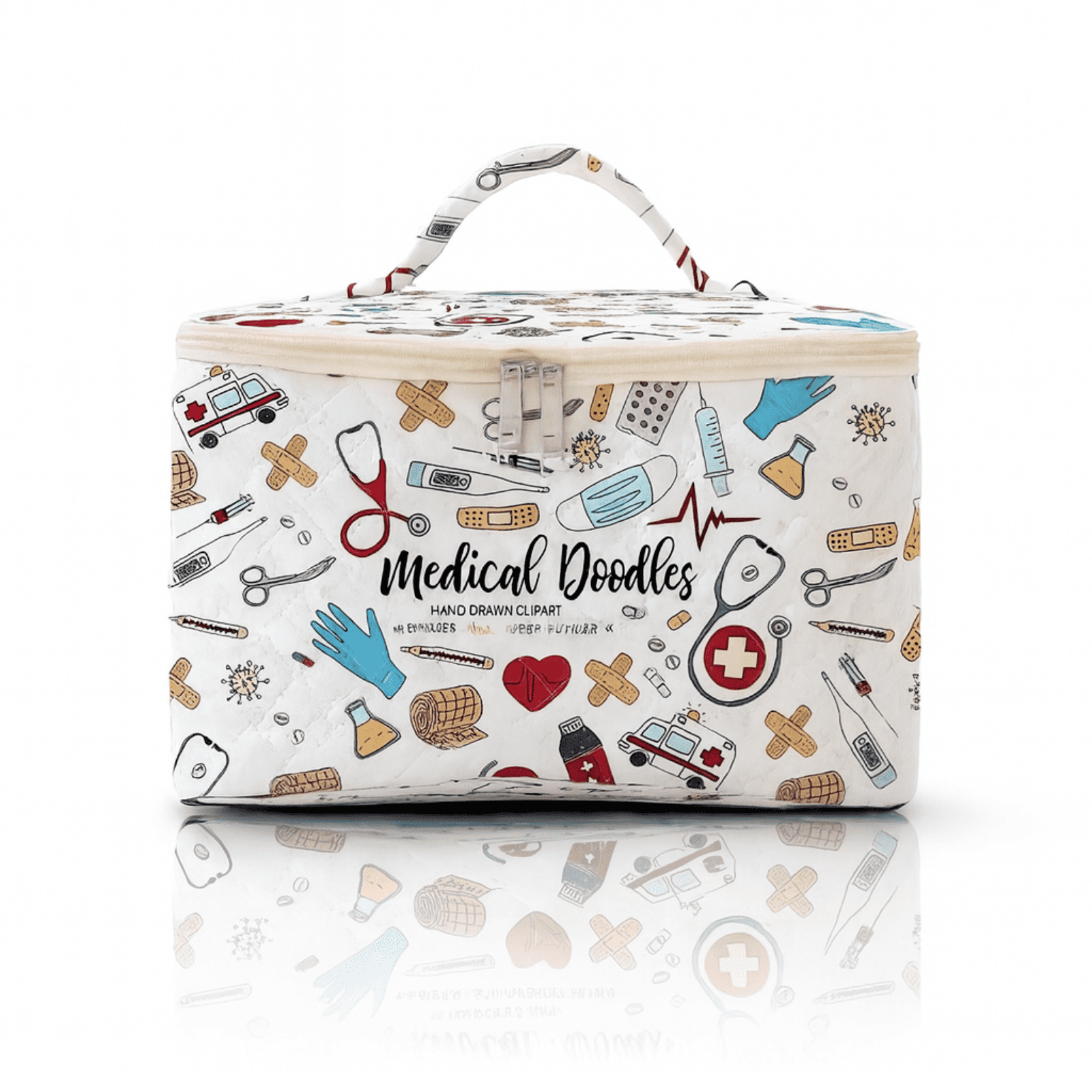 Trousse de toilette femme design blanche à motif médical coloré “Medical Doodles”, avec poignée supérieure et fermeture éclair avant.
