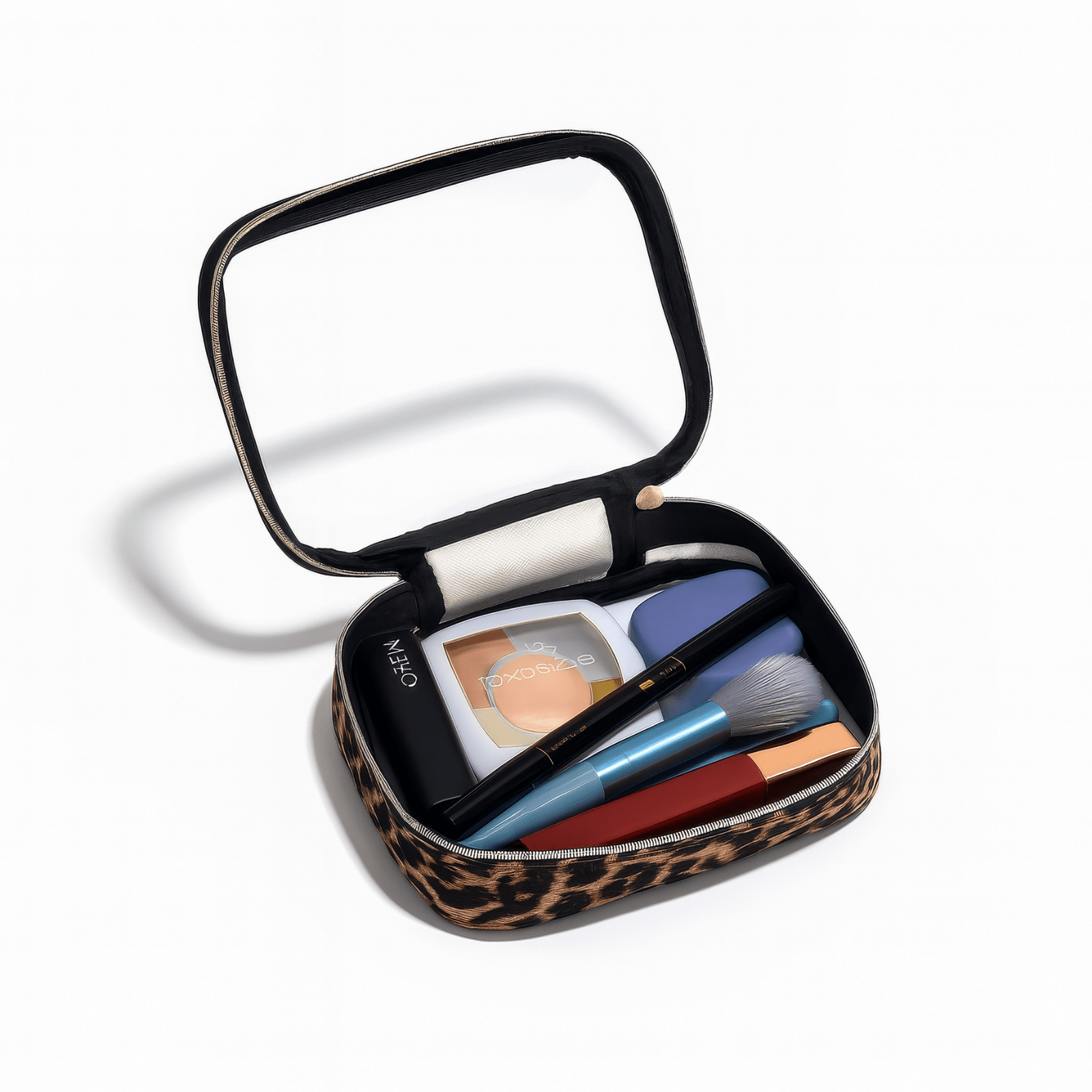 Trousse de toilette femme imperméable motif léopard avec maquillage et pinceaux