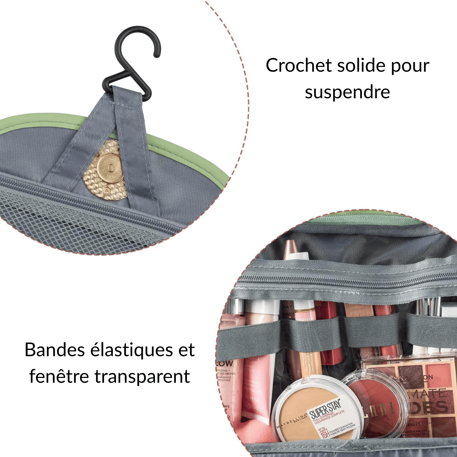 Zoom sur la trousse de toilette format voyage avec crochet solide, bandes élastiques et poches transparentes.