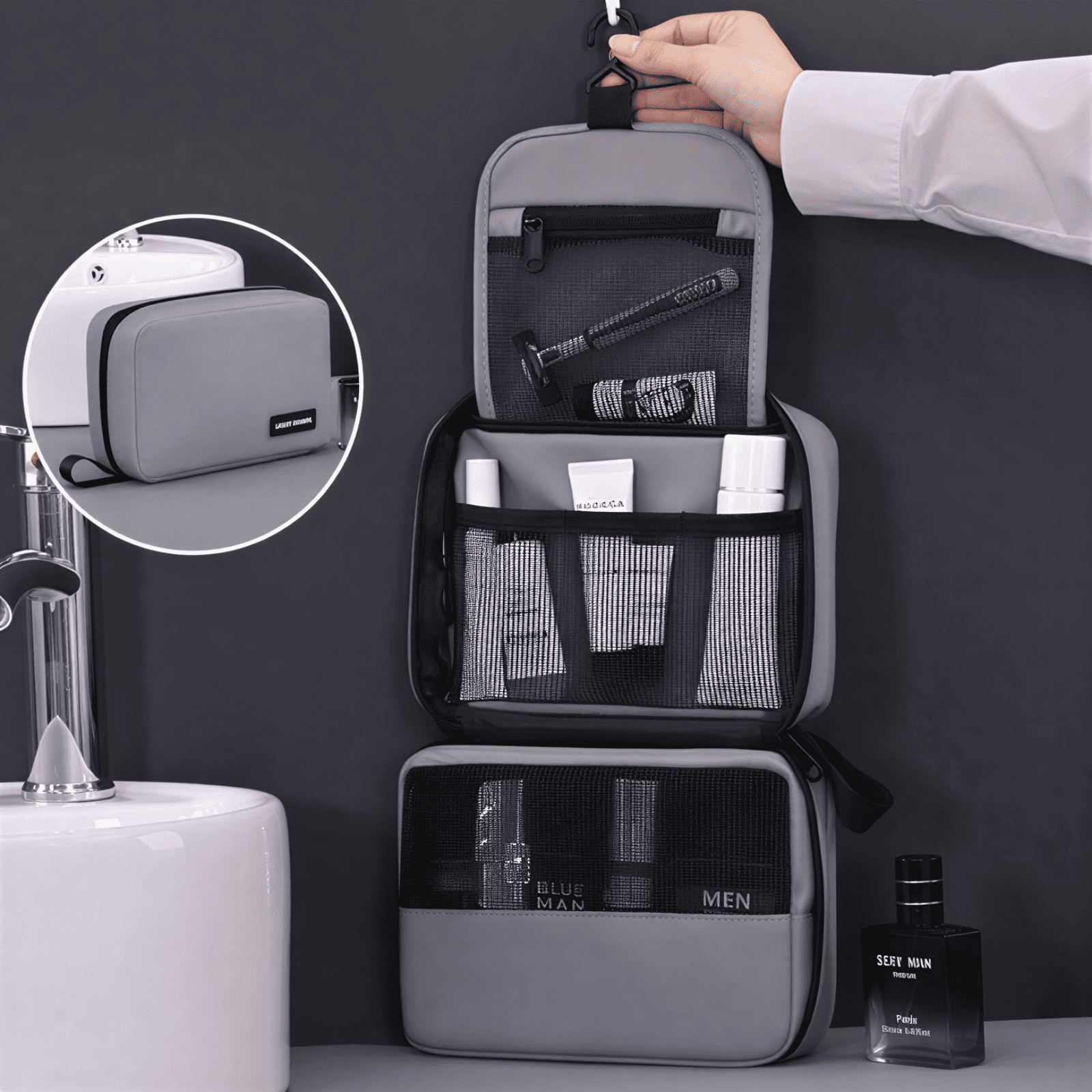 Trousse de toilette homme à suspendre grise avec poches de rangement