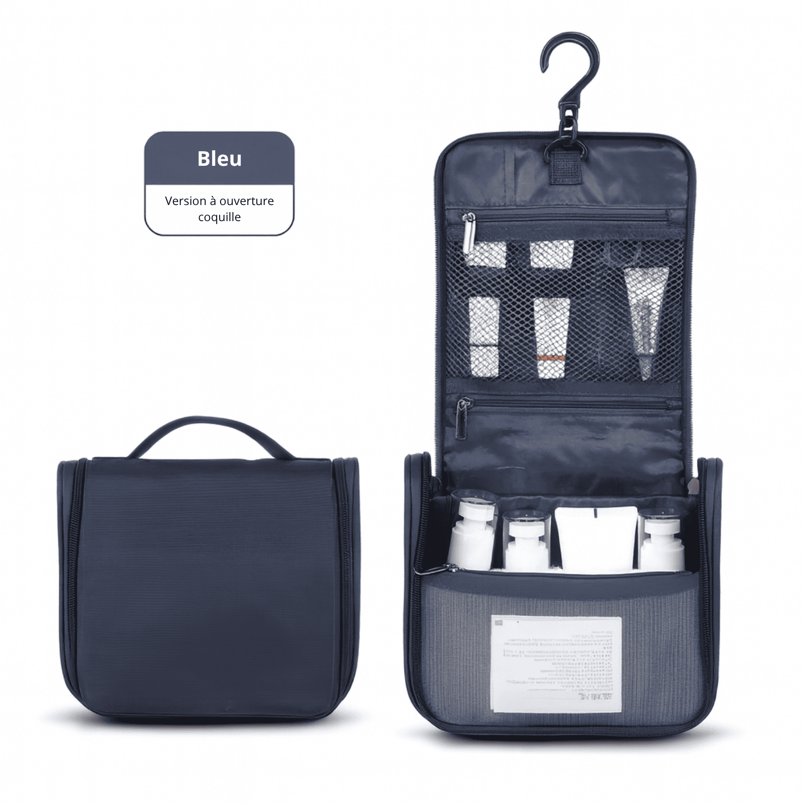 Trousse de toilette homme bleue avec crochet suspendu et rangements intérieurs pour produits de soin et hygiène