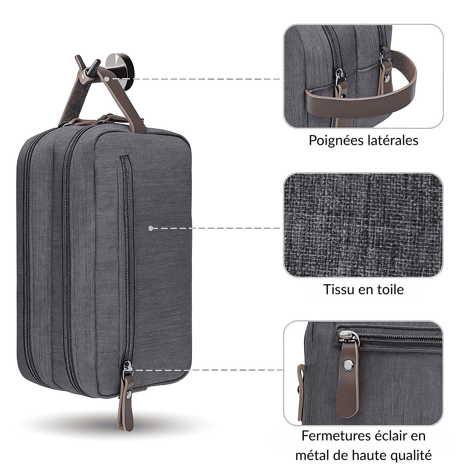 Trousse de toilette homme compacte en toile résistante avec poignées latérales et fermetures éclair en métal de qualité, idéale pour les voyages.