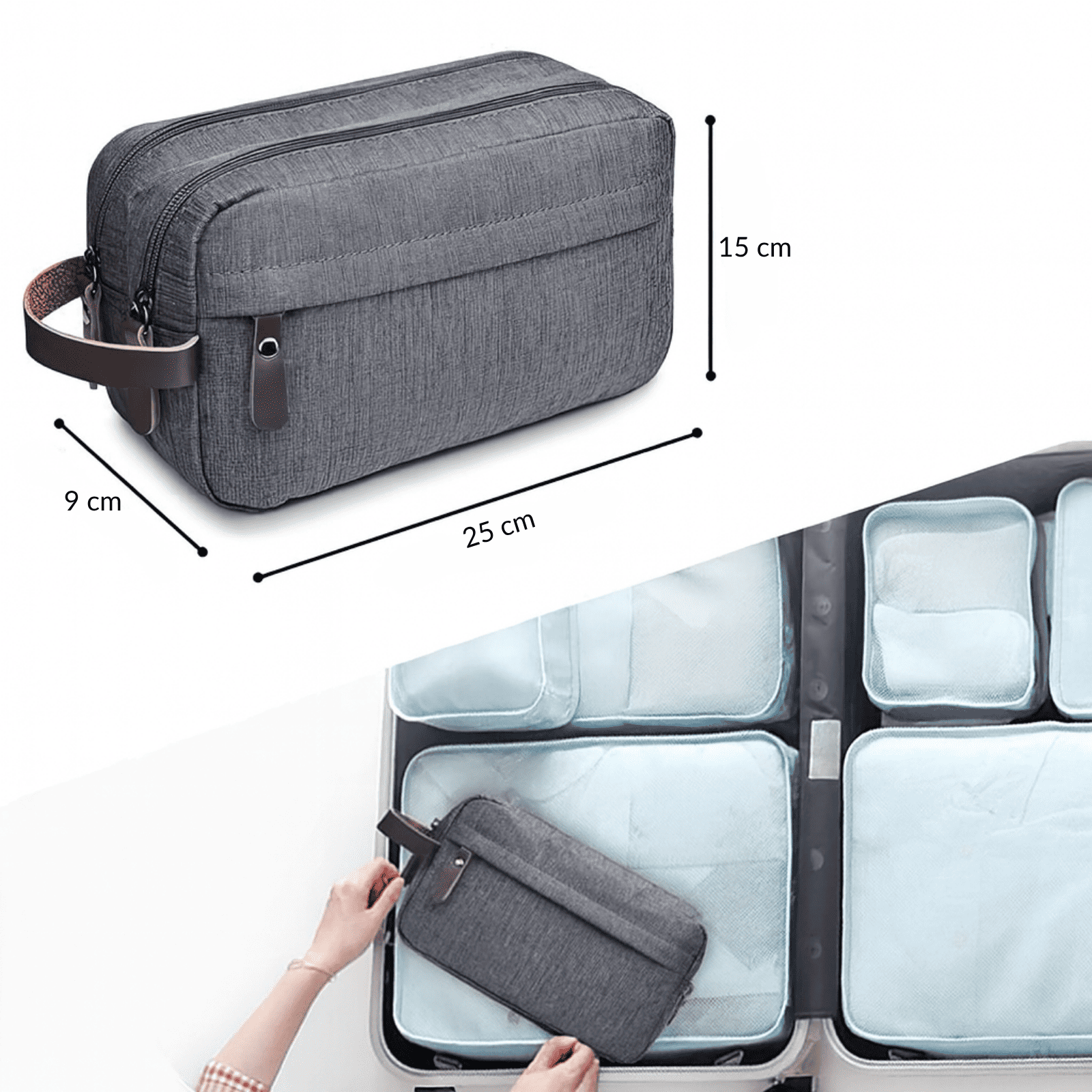 Trousse de toilette homme compacte grise de 25 x 15 x 9 cm, idéale pour les voyages et facile à ranger dans une valise.
