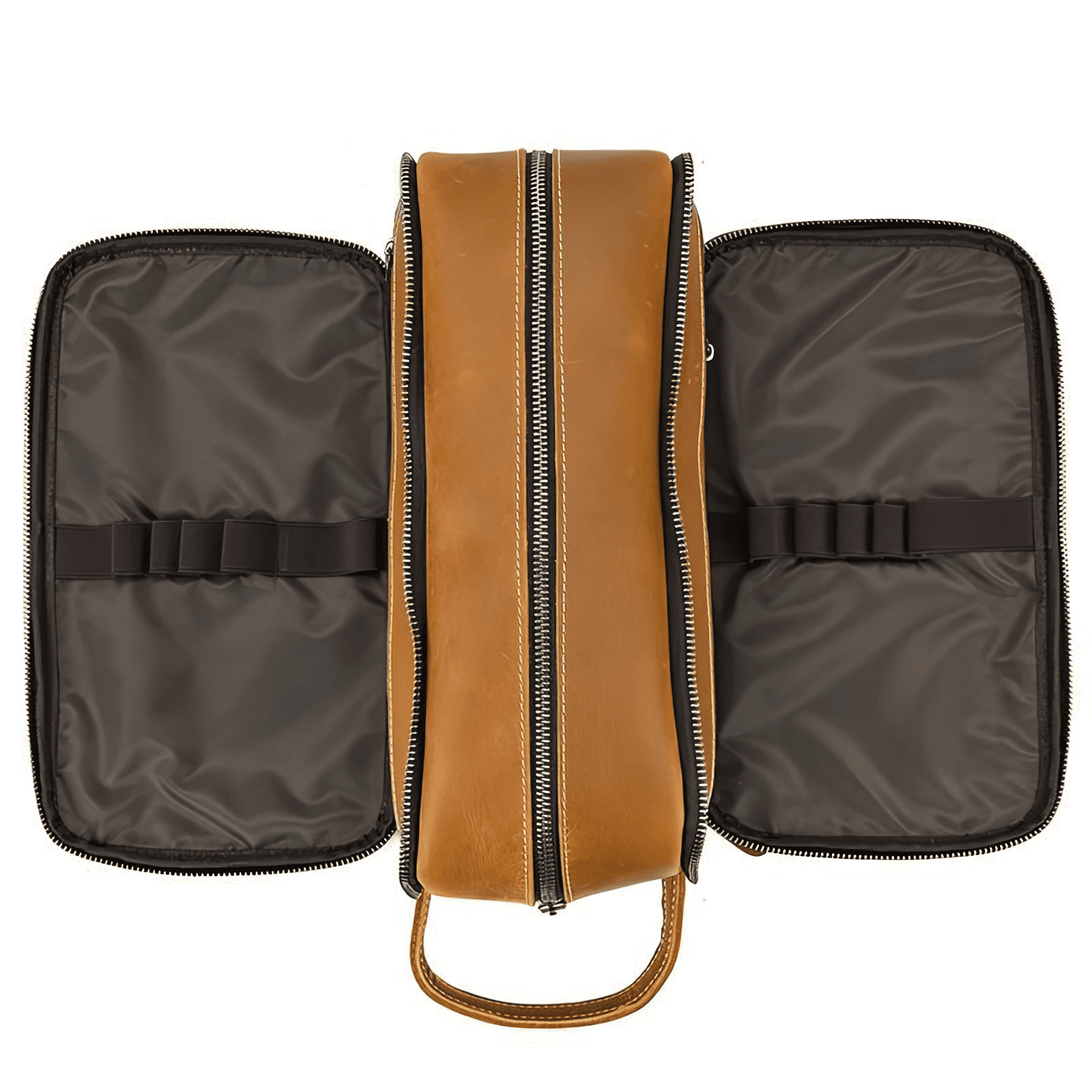 Trousse de toilette homme cuir luxe marron clair vue de dessus entièrement ouverte, grands espaces intérieurs doublés.
