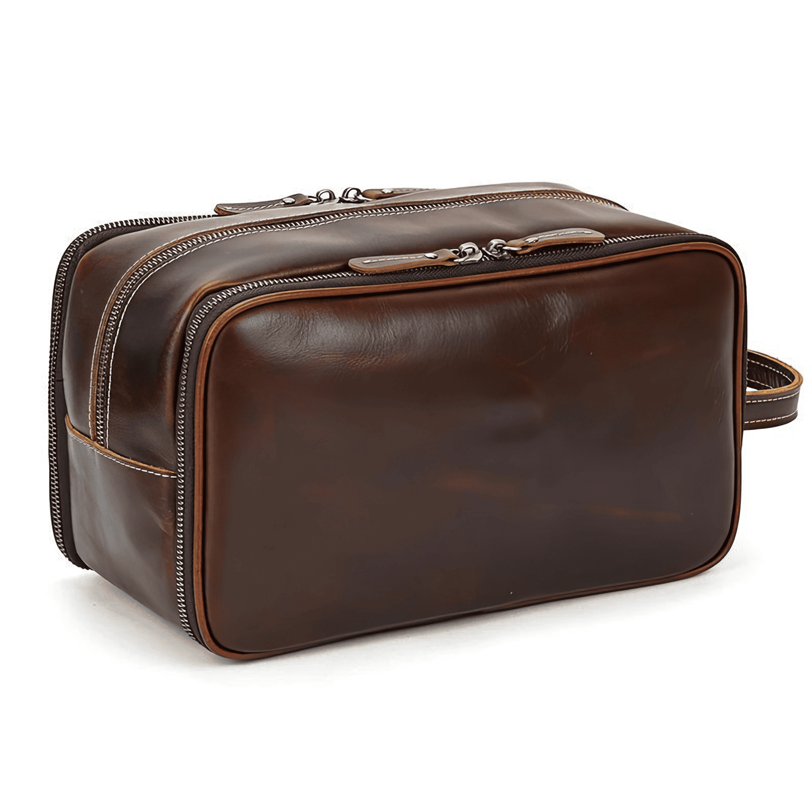 Trousse de toilette homme cuir luxe marron rouge vue en angle gauche, design élégant et raffiné avec finitions dorées.