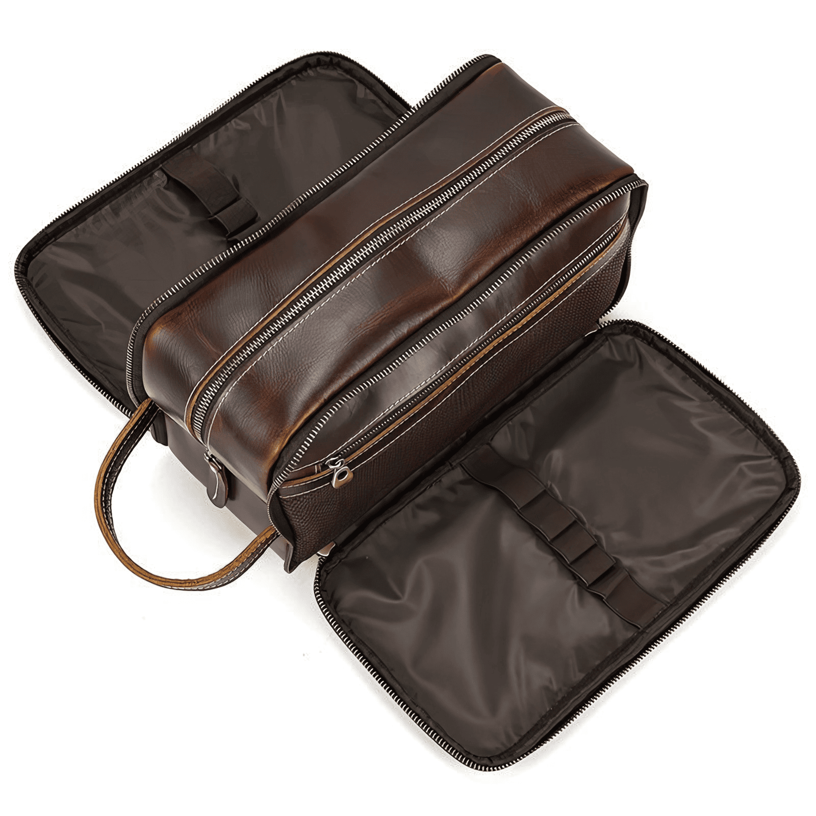 Trousse de toilette homme cuir luxe marron rouge ouverte, compartiments multiples avec poches en filet et espace de rangement généreux.