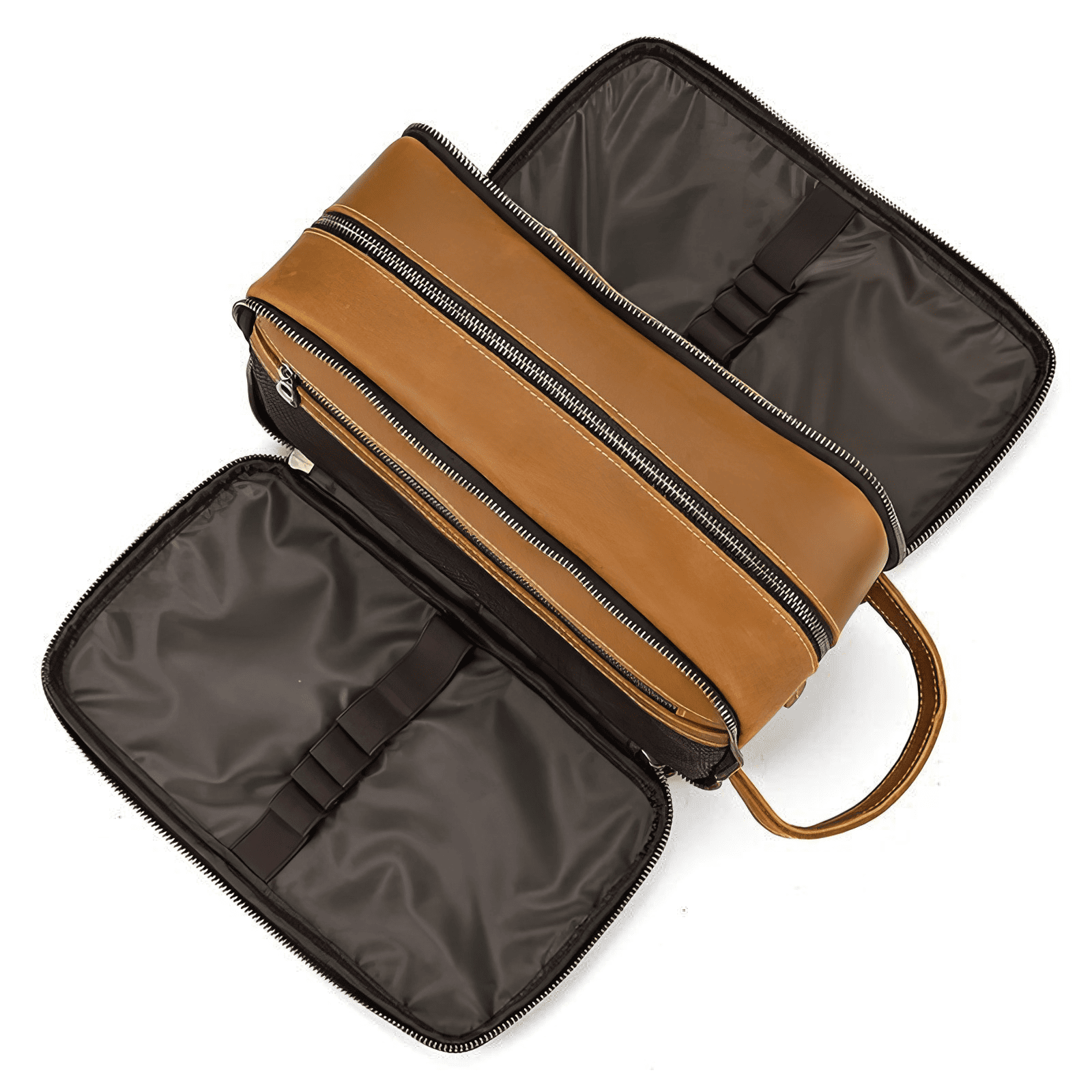 Trousse de toilette homme cuir luxe marron clair ouverte, vue du dessus montrant les deux compartiments de rangement.