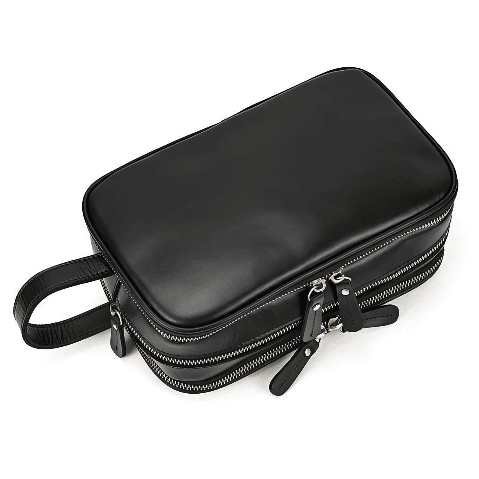 Trousse de toilette homme cuir luxe noire vue de dessus, deux grands compartiments zippés avec finitions dorées.