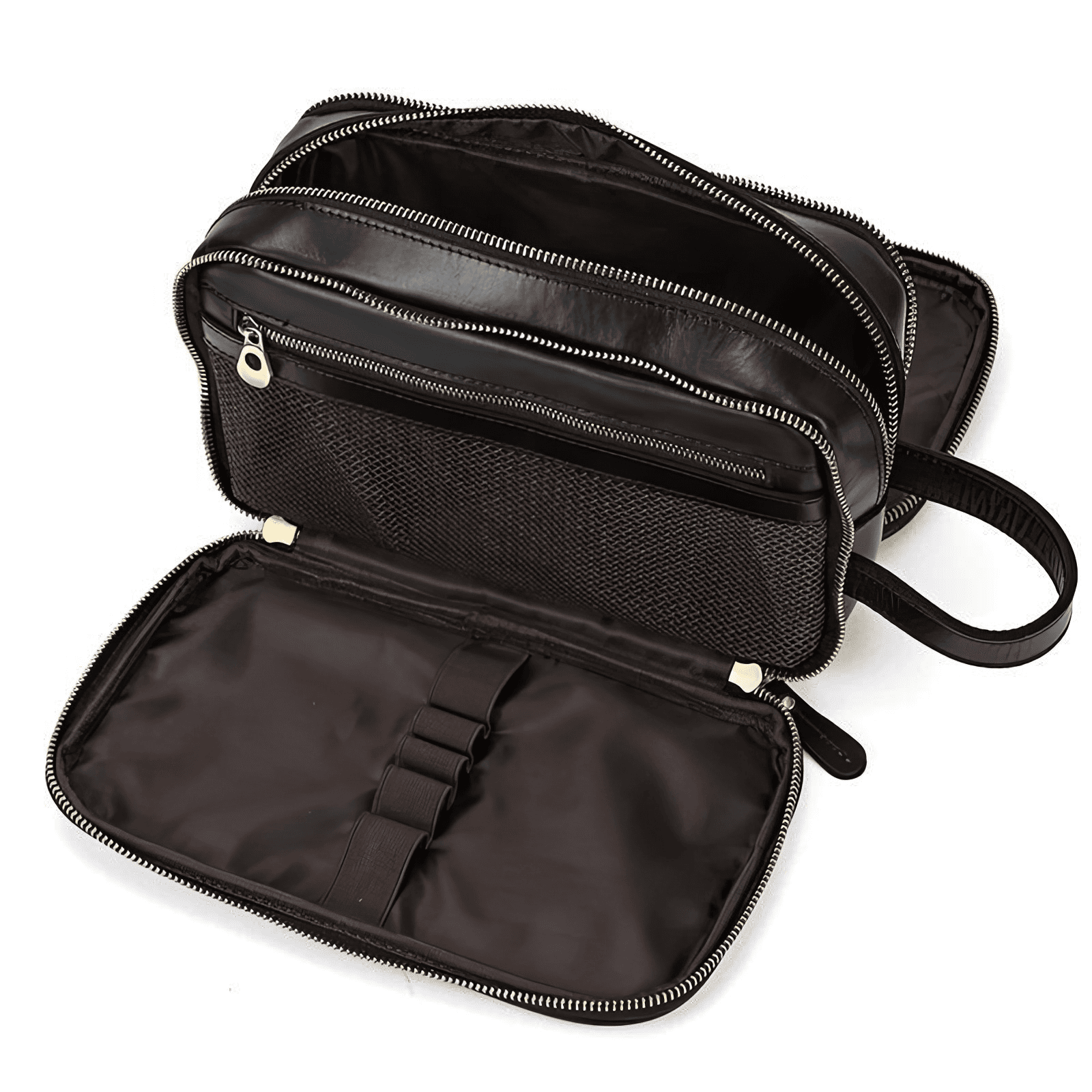 Trousse de toilette homme cuir luxe noire ouverte, compartiments multiples et poche filet intérieure pour accessoires de soin.