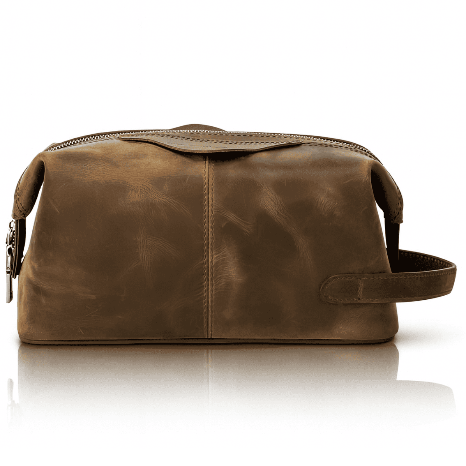 Trousse de toilette homme en cuir marron vintage, vue de face avec poignée latérale et finition patinée.