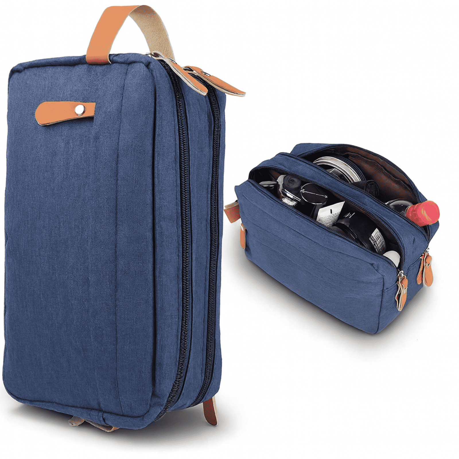 Trousse de toilette homme double zip ouverte en position verticale, idéale pour ranger accessoires de voyage